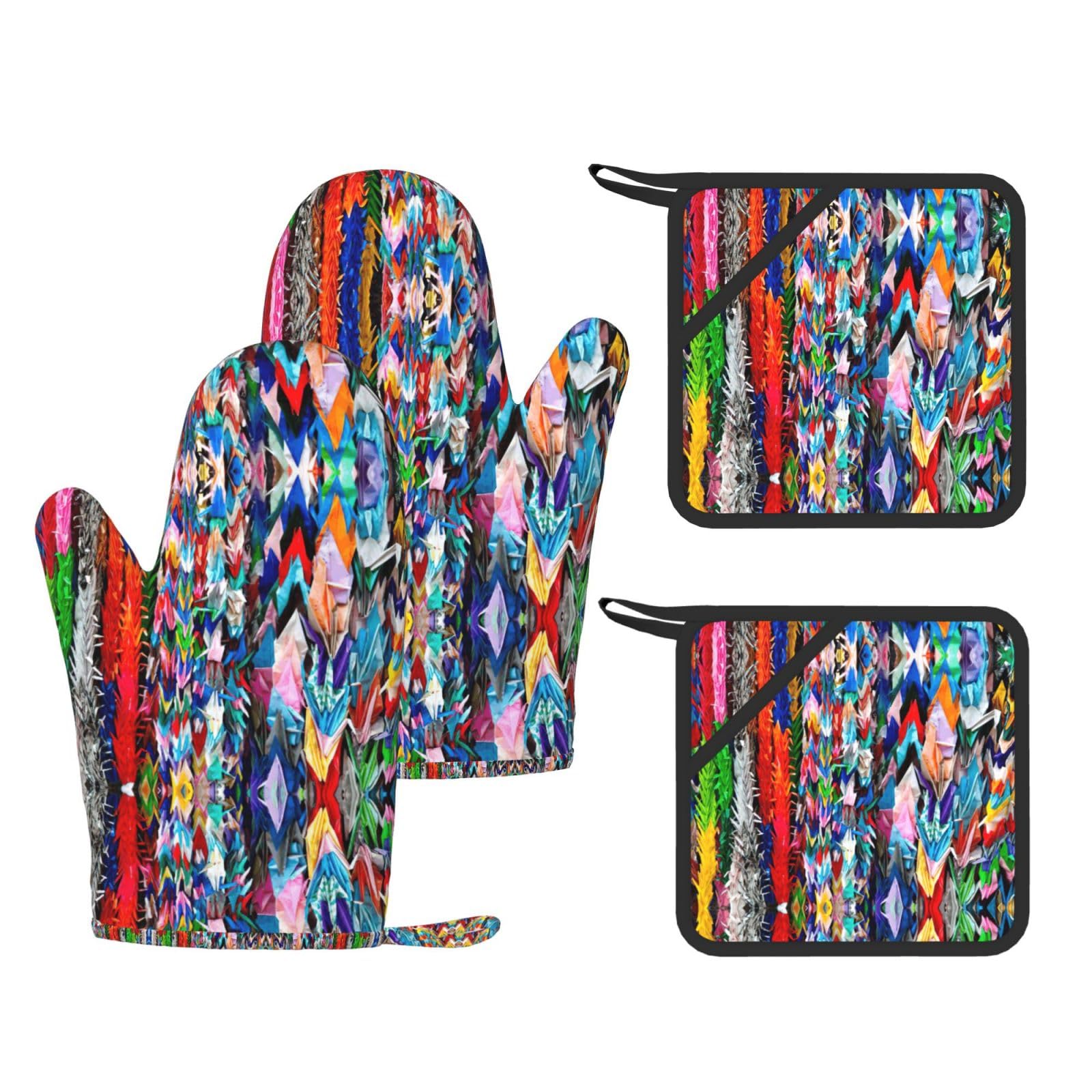 Origami Multicolor Papercraft Cranes Printed Oven Mitts and Pot Holders Set of 4, Heat Resistant Silicone Gloves for Baking Grilling