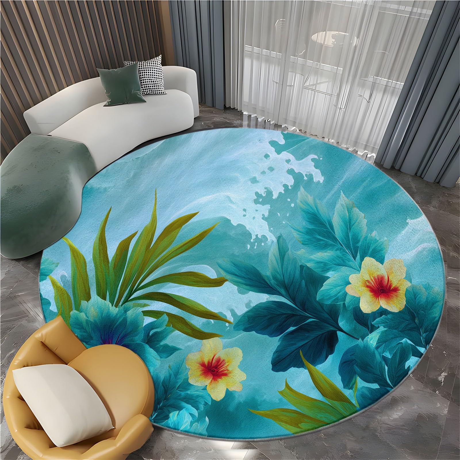 Tapis Rond Motif Feuilles Et Fleurs Tropicales Vagues De L'Océan Lavable en Machine Antidérapant 160 cm, Tapis Rond Aquarelle pour Chambre à Coucher Cuisine Salle de Bain Chambre d'enfant Salon