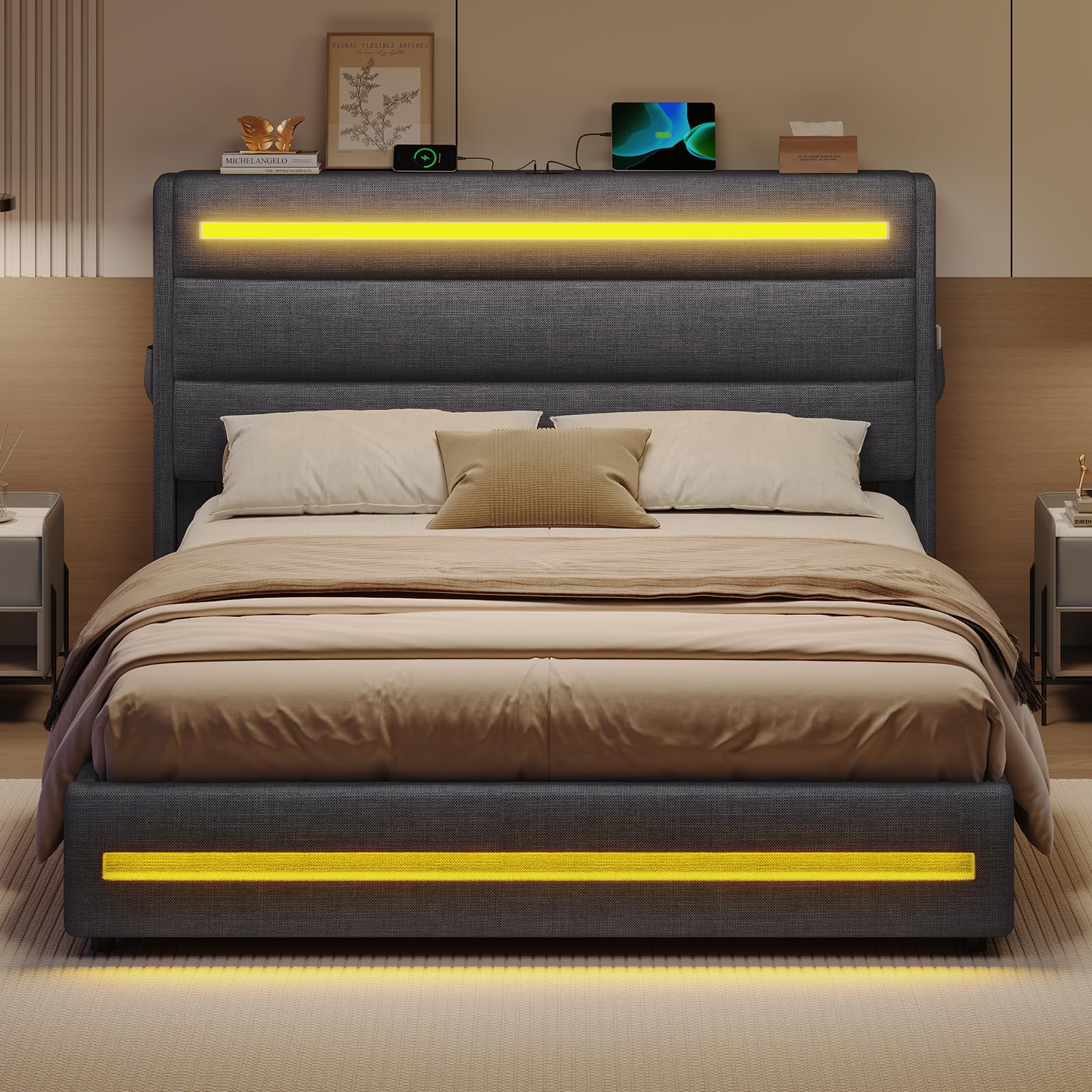 KIMENICH Bett 140X200 mit LED-Beleuchtung, Hydraulisches Bett 140x200 cm, Polsterbett Doppelbett, Bettgestell mit Stauraum und Lattenrost, Schlafzimmer, Leinenstoff Grau