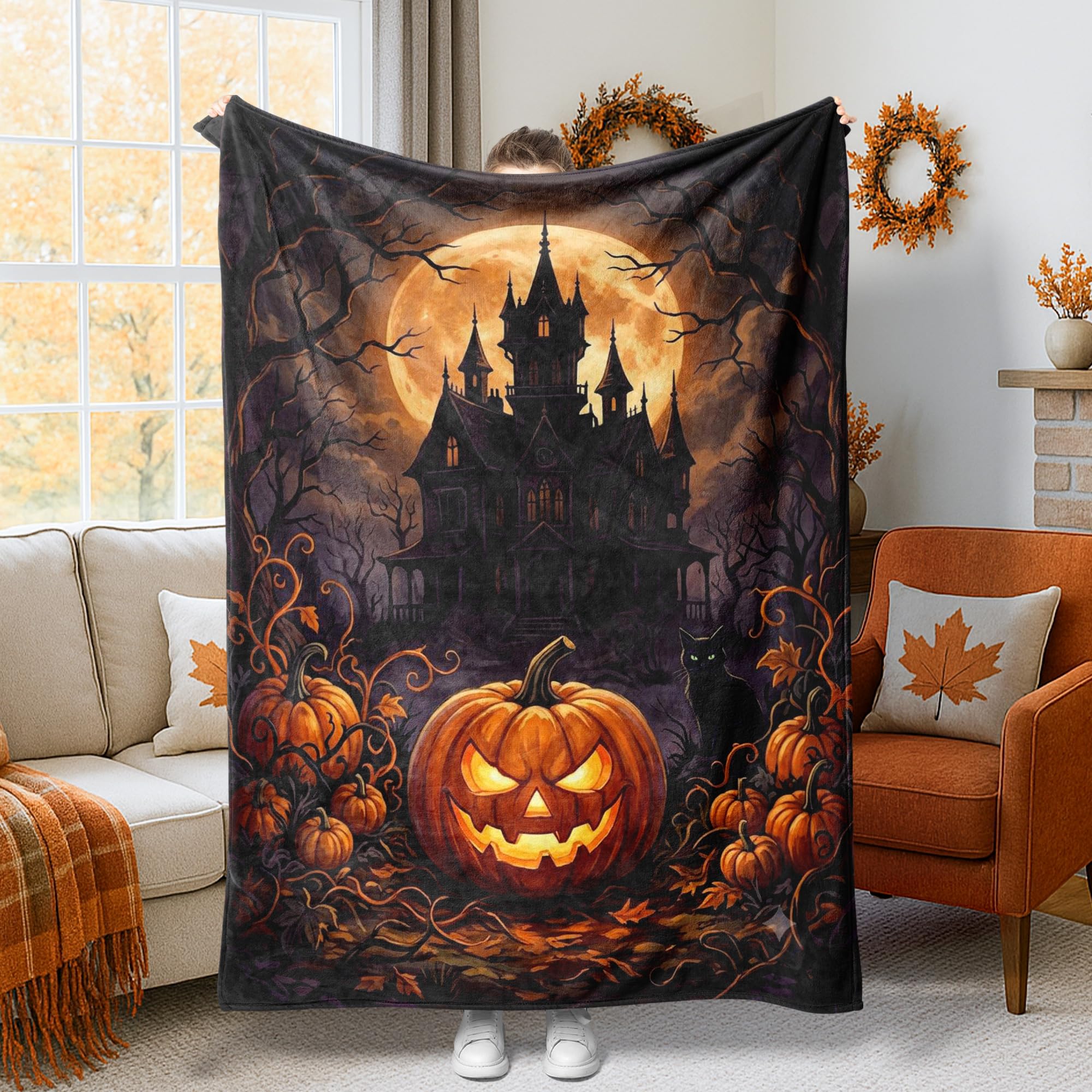 Couverture polaire confortable Halloween motif maison hantée orange grand format