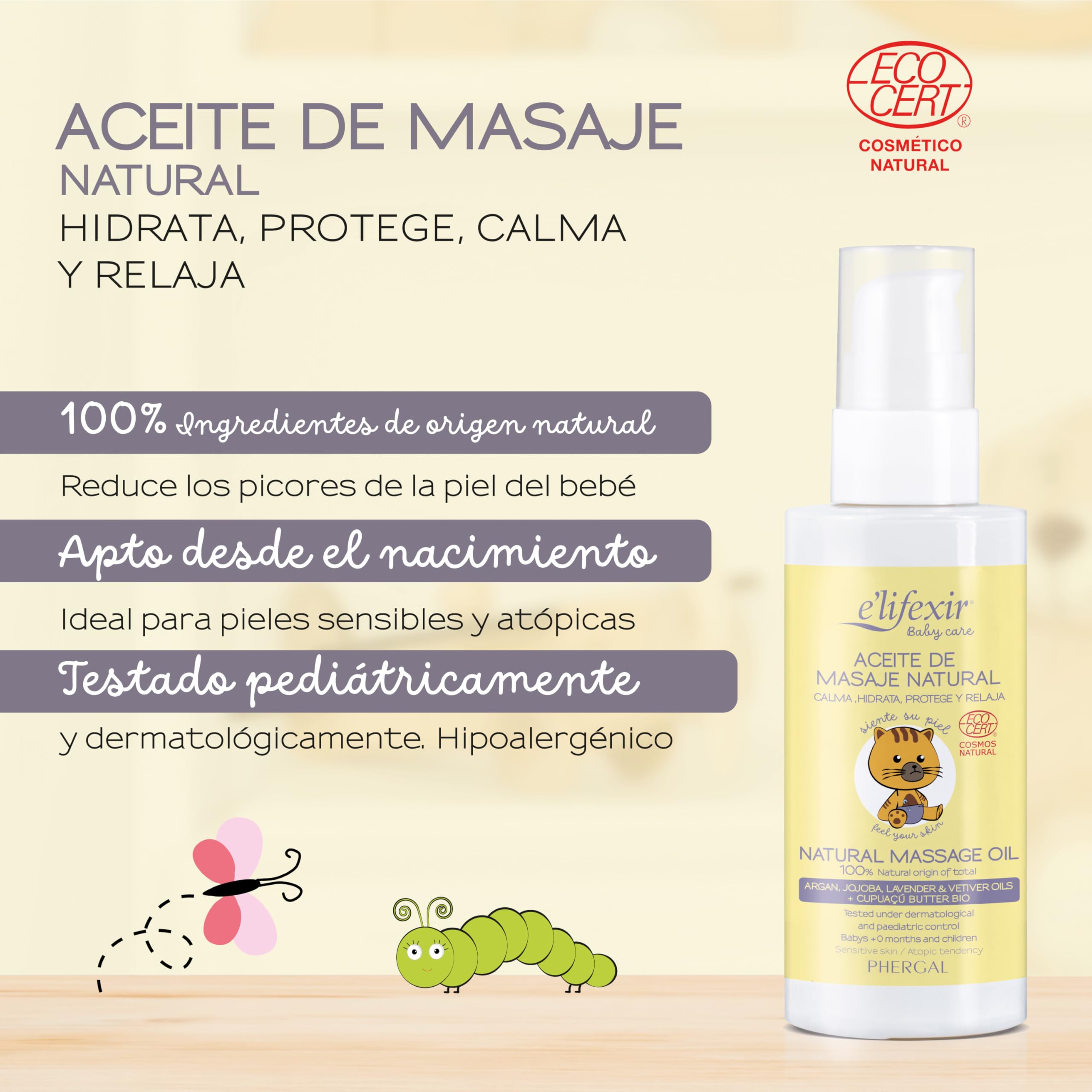 Elifexir Baby Care Aceite Masaje Natural para Bebé, Hidrata Intensamente, Calma y Relaja, 100% Ingredientes Naturales, Uso Desde el Nacimiento, Apto Piel Sensible, 100 ml