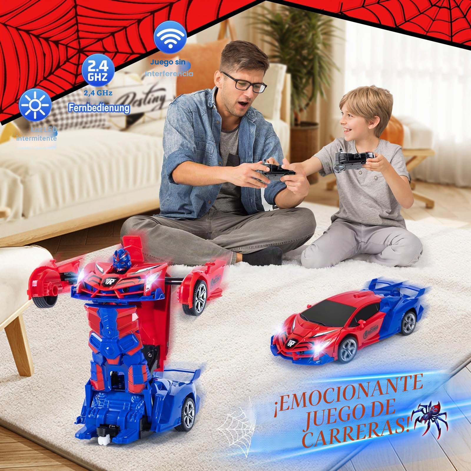 Spider Coche RC Transformator Robot, 2.4GHz Sensor Gestual, 1:18 con Sonido y Luz, Juegos para Niños y Niñas de 3 a 12 Años