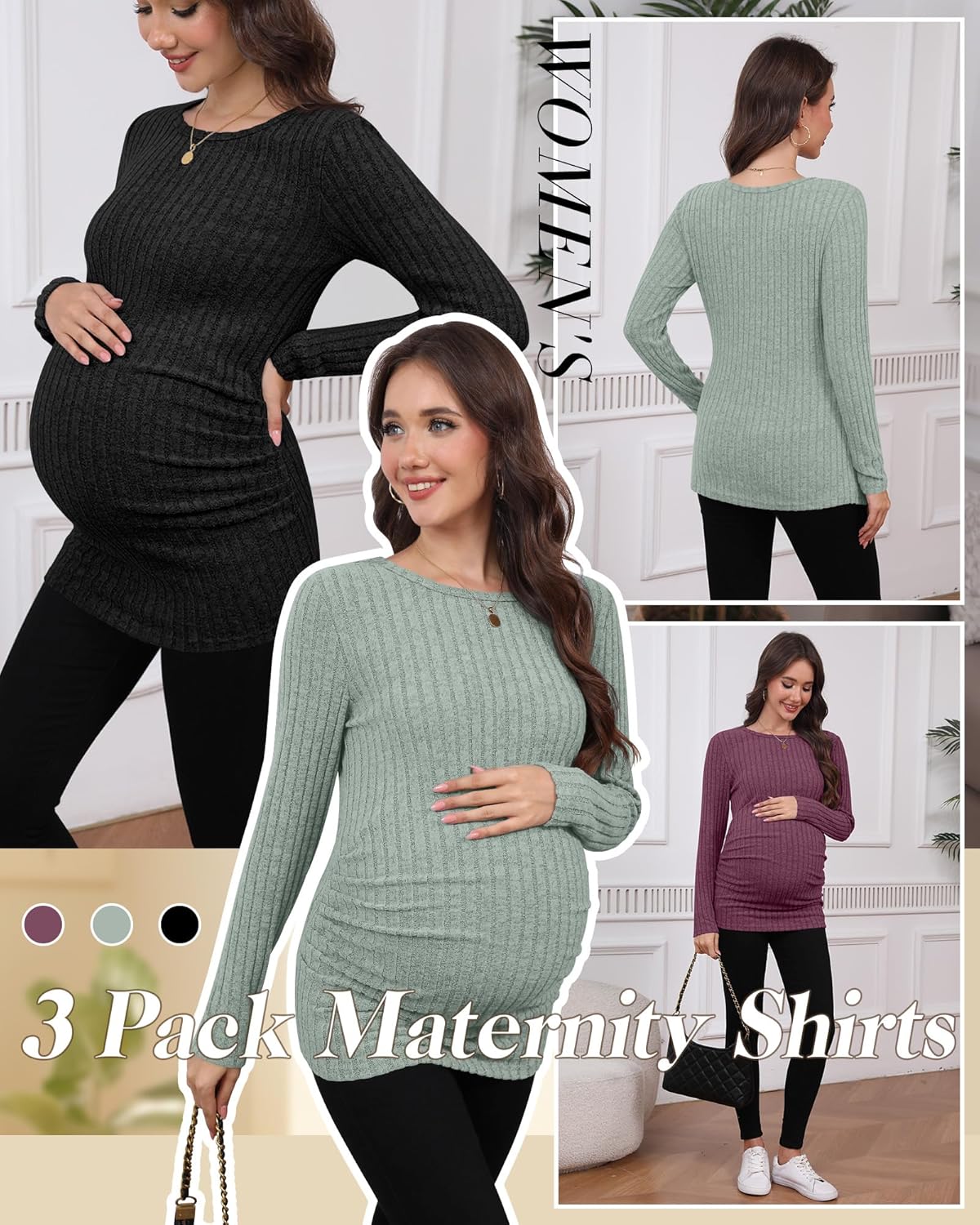 3 Pack Maternity Shirts Ribbed Long Sleeve Maternity Sweater Crew Neck Pregnancy Clothes for Women Thermal Top - Image 4