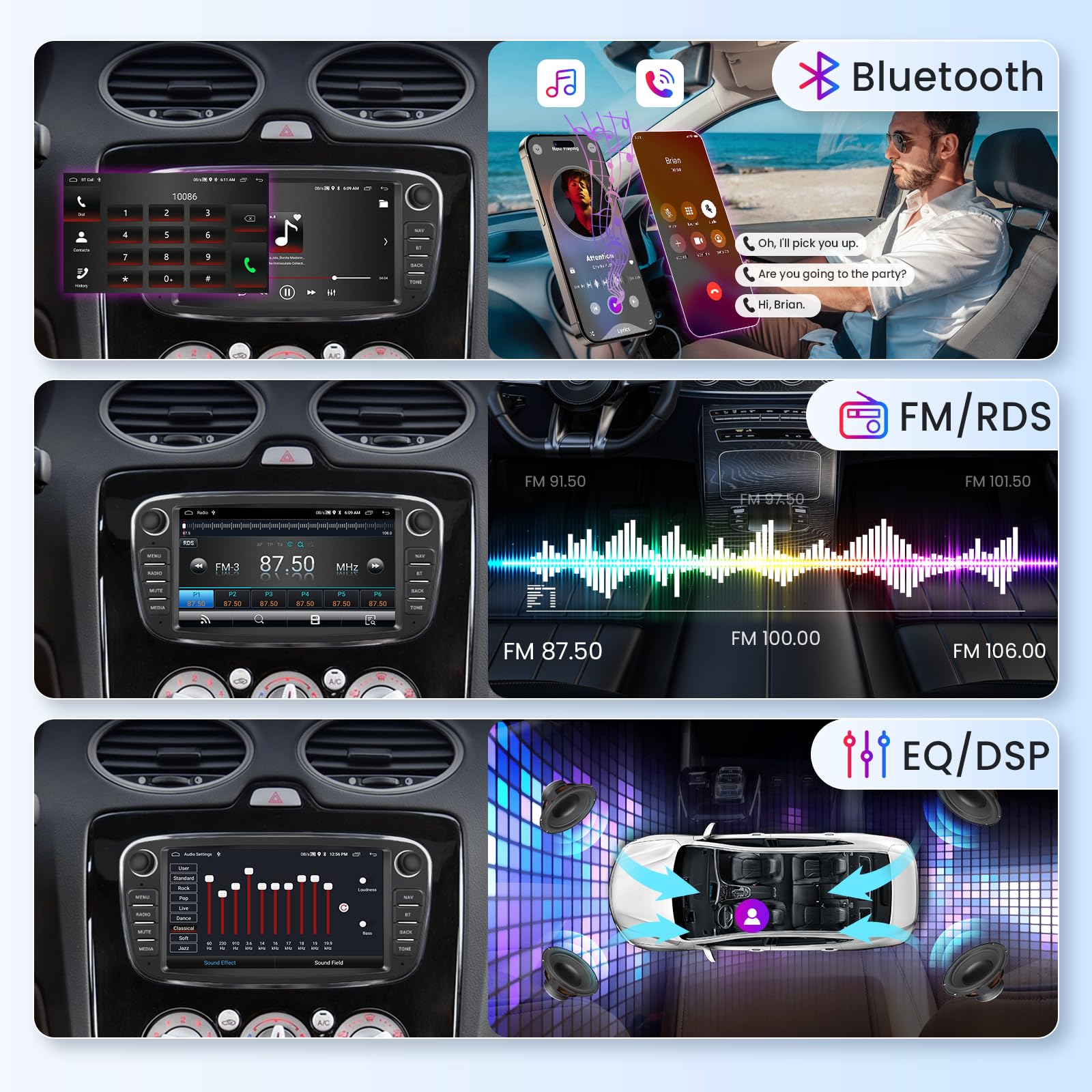 6G+128G 8-Core Autoradio per Ford Focus II mk2 Mondeo S-Max C-Max Galaxy Android Autoradio Bluetooth GPS, Hodozzy 7 Pollici Touchscreen Radio con CarPlay Wireless Android Auto, WiFi DSP FM RDS Camera