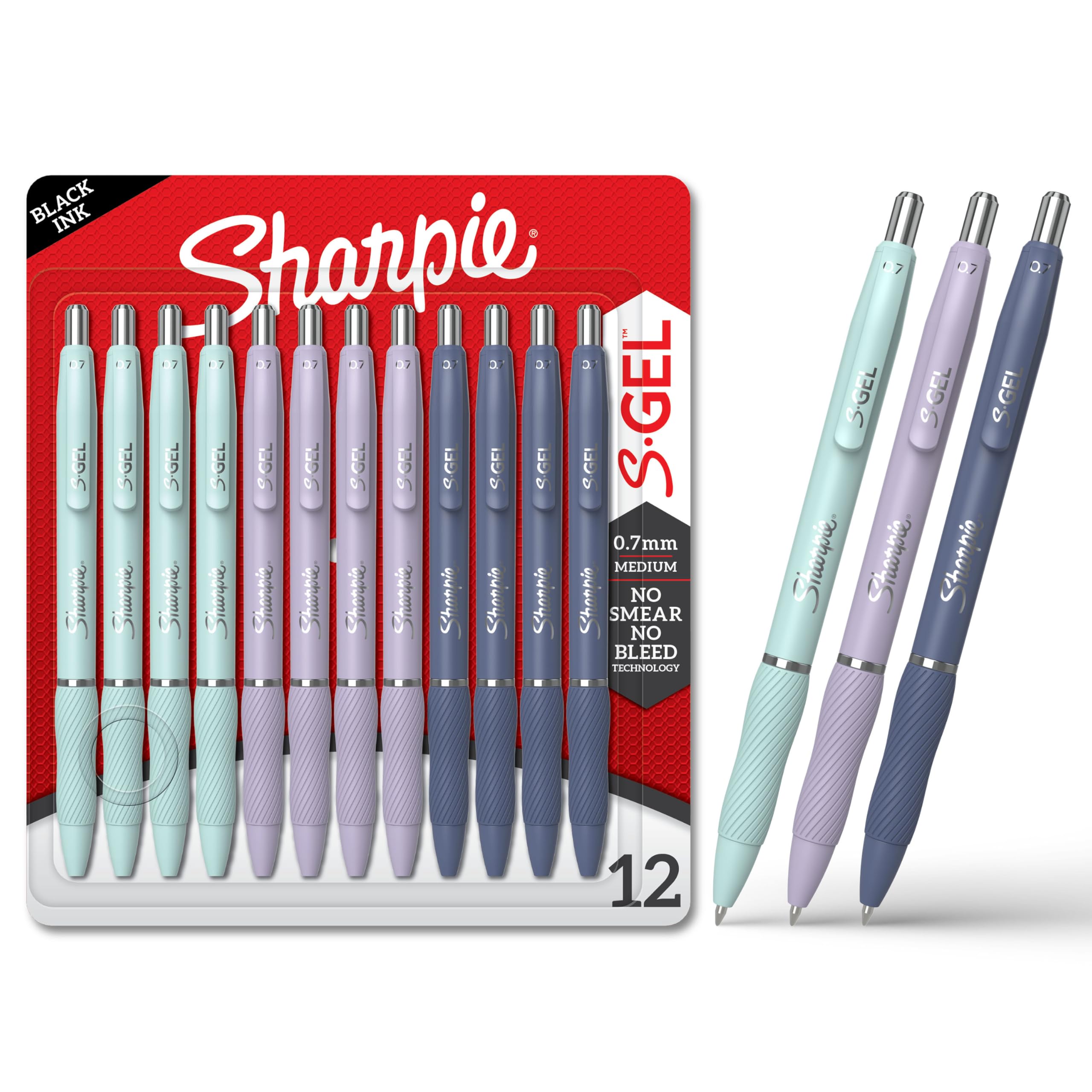 Sharpie S-Gel, Gel Pens, Medium Point (0.7mm), Assorted Fashion Barrels, Black Ink, 12 Count - Office, Teacher, School Supplies