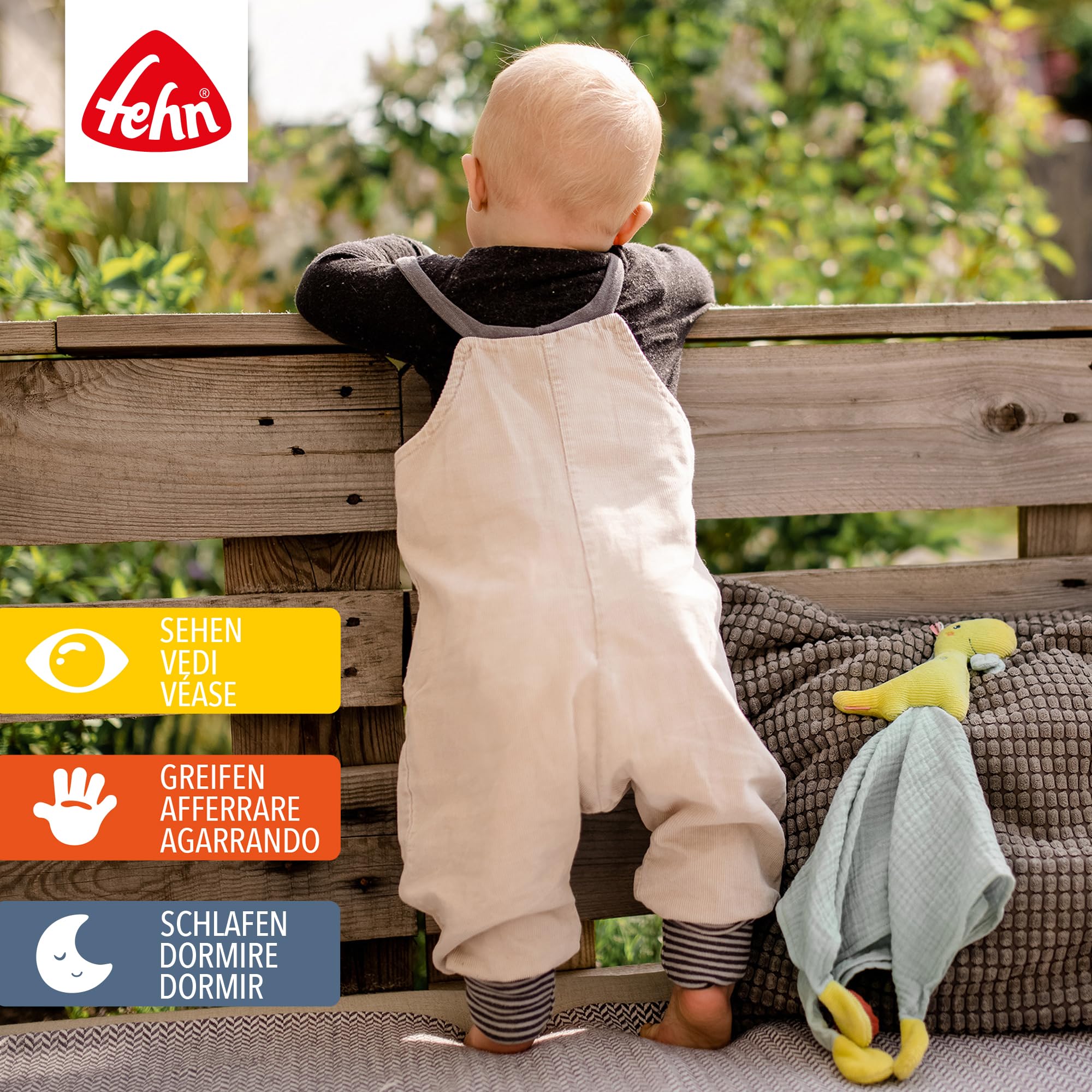 Fehn 051032 Schmusetuch Dino – Spielkamerad, Einschlafhilfe & Stofftier-Schnuffeltuch mit Baumwolle-Musselintuch & Spielfigur Zum Knuddeln, Greifen & Liebhaben – für Babys & Kleinkinder AB 0+ Monaten