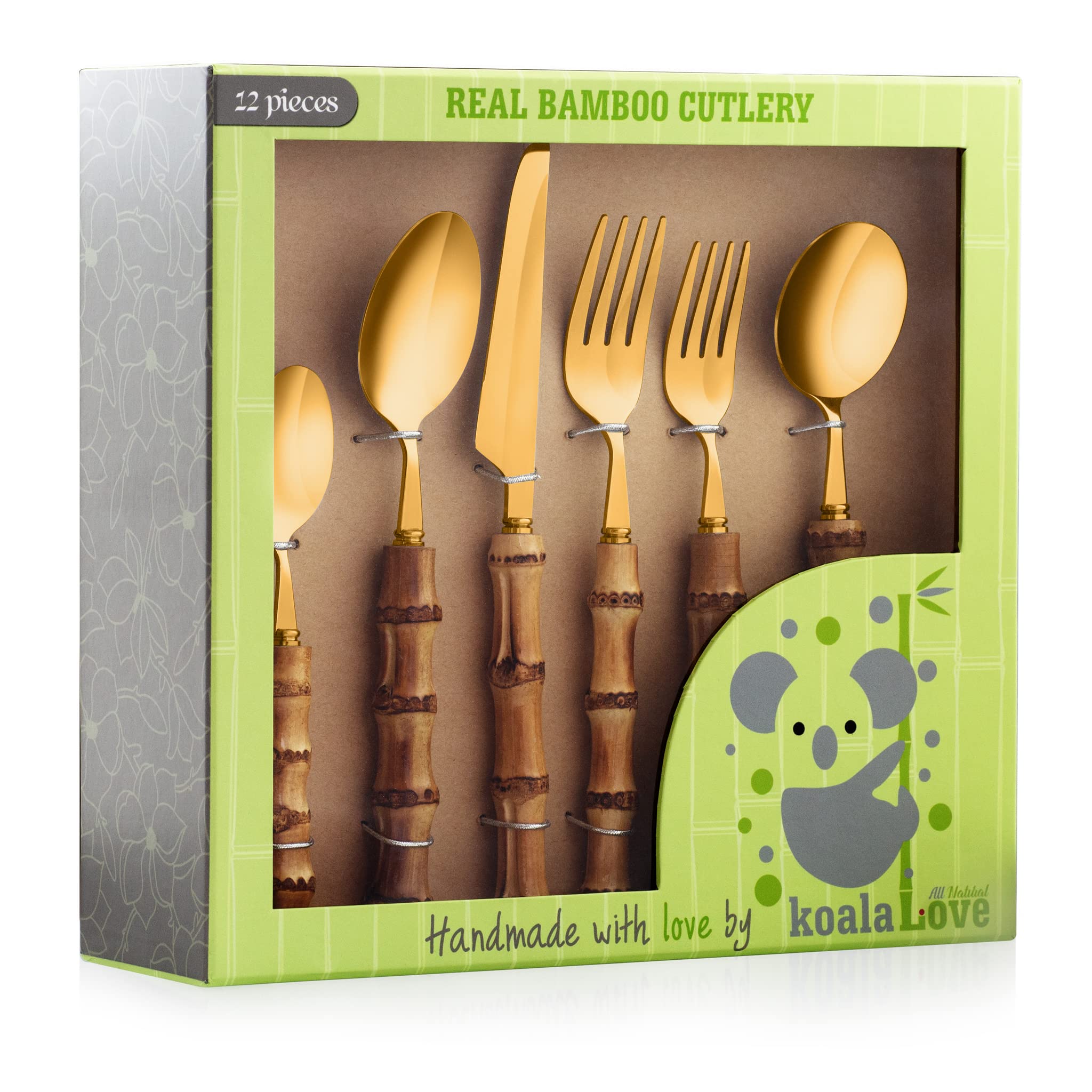 KoalaLove! - Set di posate in bambù, fatte a mano, 4 set, 24 pezzi, oro