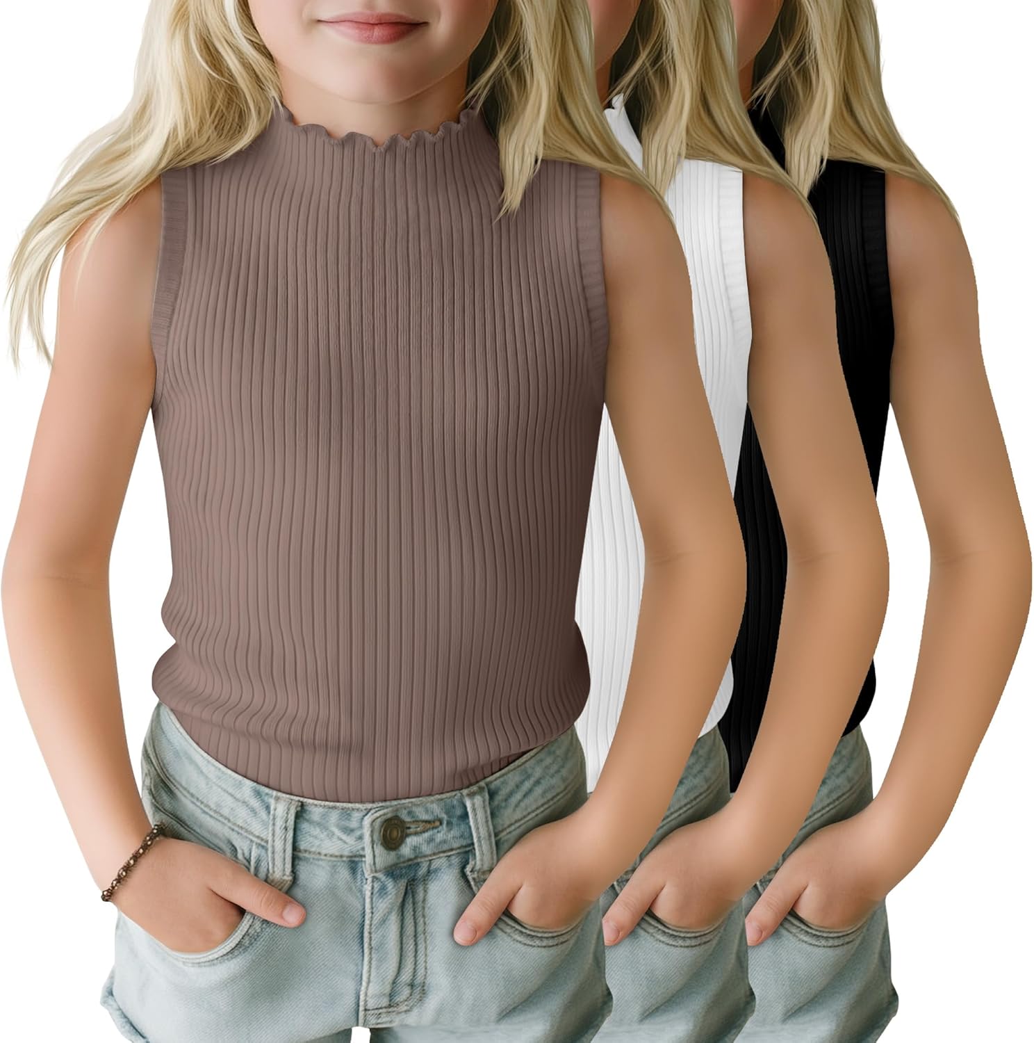 3 Pack Girls Mock Neck Tank Tops Ribbed Turtleneck Slim Fit Lettuce Trim Tops Casual Sleeveless Basic Undershirts