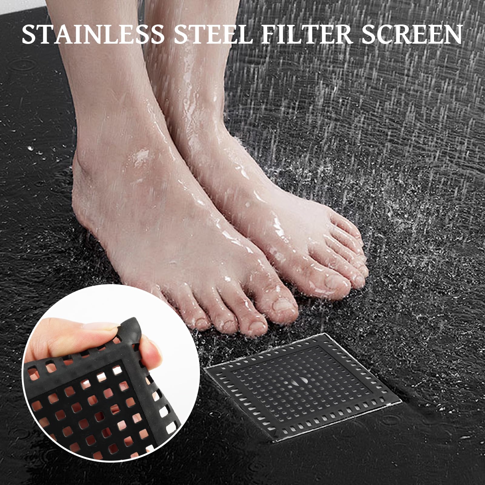 Colador de desagüe de ducha de 12 x 12 cm de acero inoxidable con borde de silicona – Colador para el pelo para ducha, lavabo y bañera, evita la obstrucción de desagües, inoxidable, fácil de limpiar
