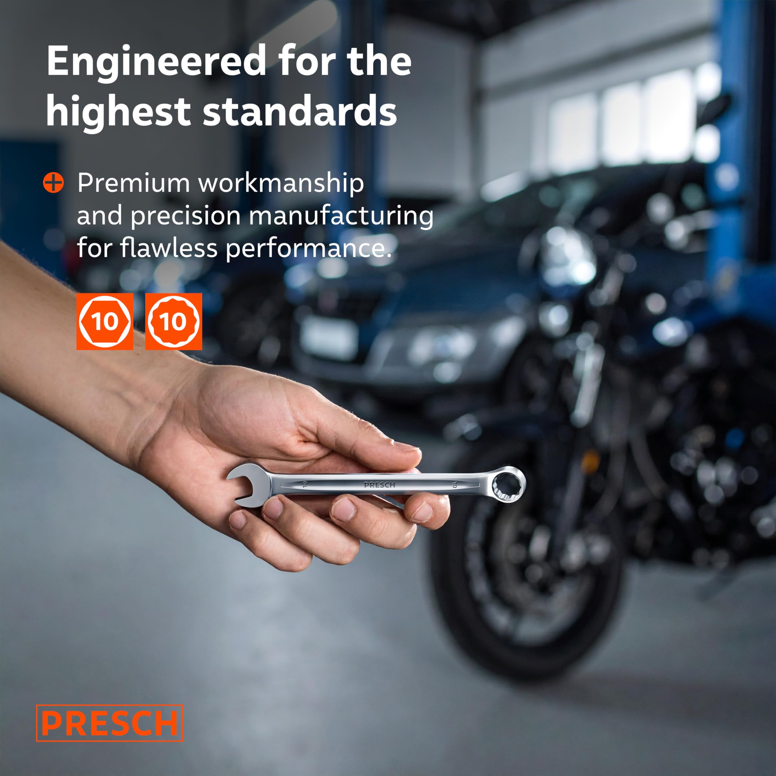 PRESCH Combination Spanner 10mm, Precision-machined & exceptionally Robust Spanner, 15° Angled for Tight-Space Work - Image 2