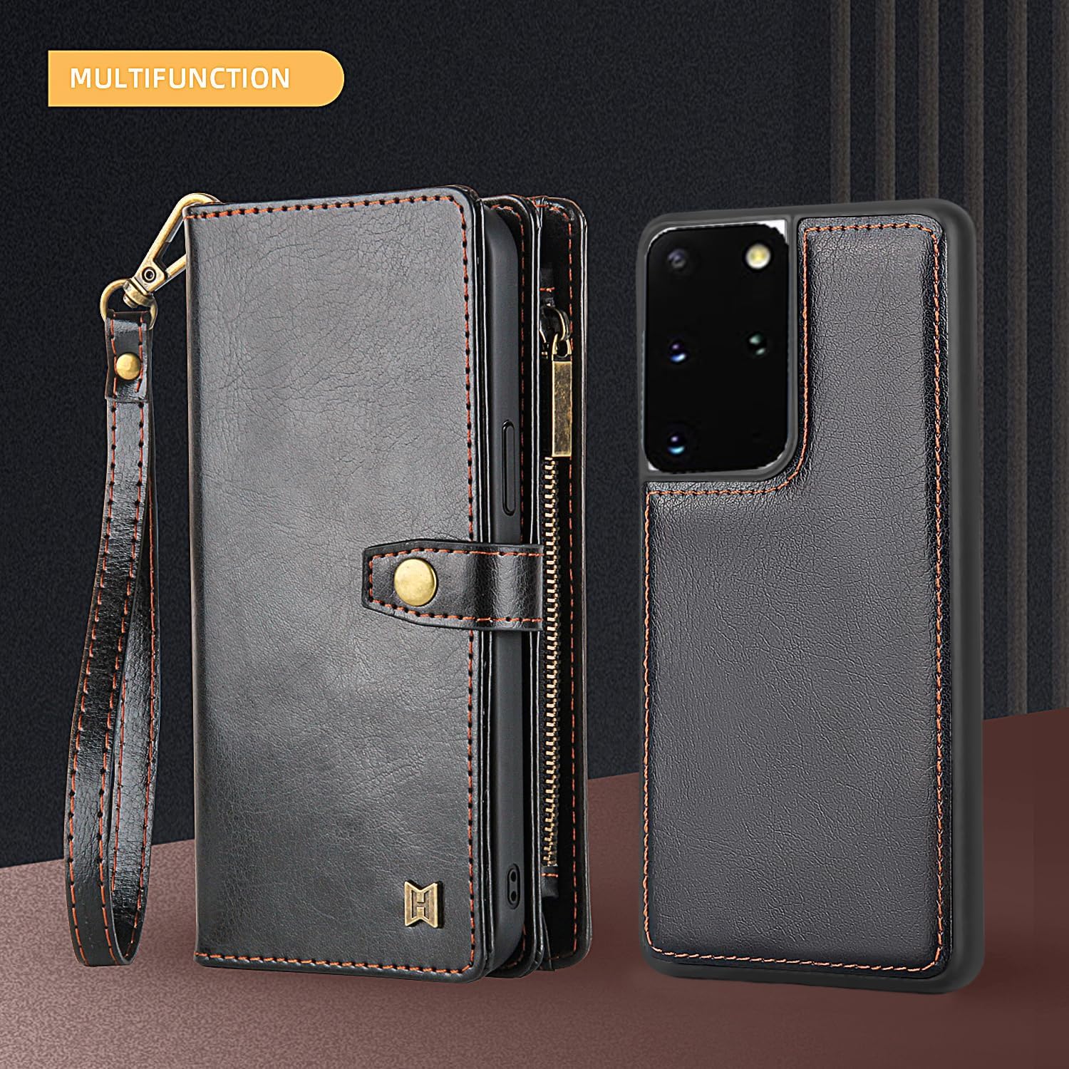 Asuwish Phone Case for Samsung Galaxy S20 Plus S20+ 5G Zipper Wallet Detachable Cover with Screen Protector and Card Holder Slot Cell Accessories S20+5G S20plus 20S + S2O S 20 20+ G5 Women Men Black
