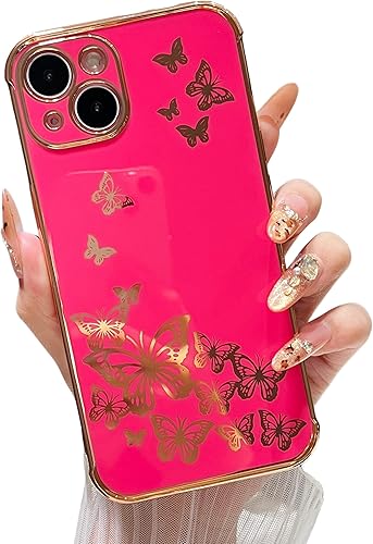 ZTOFERA Funda protectora para iPhone 14 Pro, funda protectora para mujeres, linda mariposa galvanizada, borde dorado, a prueba de golpes, delgada,