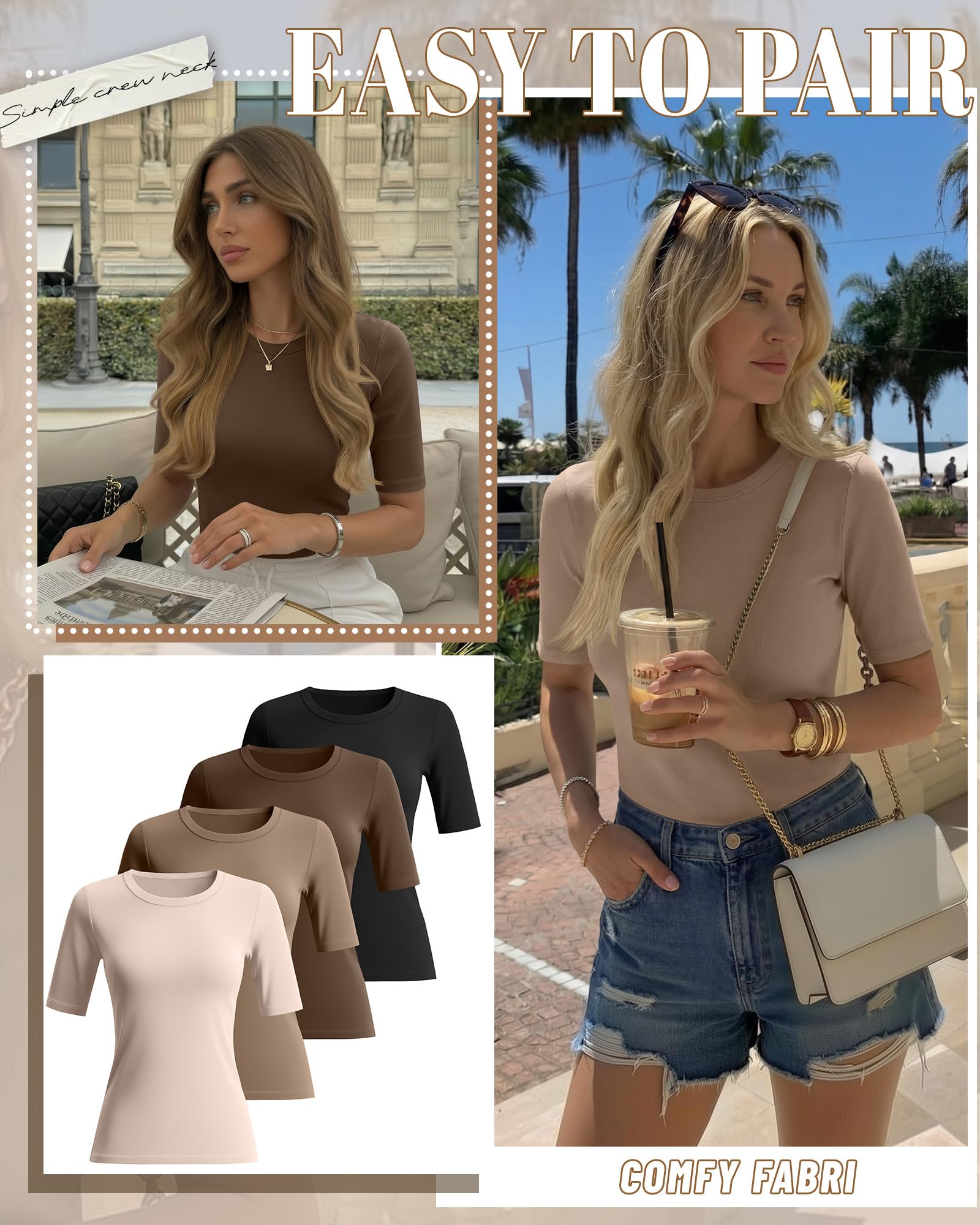 Neer Lot de 4 t-Shirts Basiques pour Femme avec Demi-Manches, Longueur coude, Coupe ajustée, col Rond, Manches 1, 2 Manches | Chemises à manches mi-longues, t-shirt basique léger et extensible, tenue de bureau, vêtements décontractés d'été