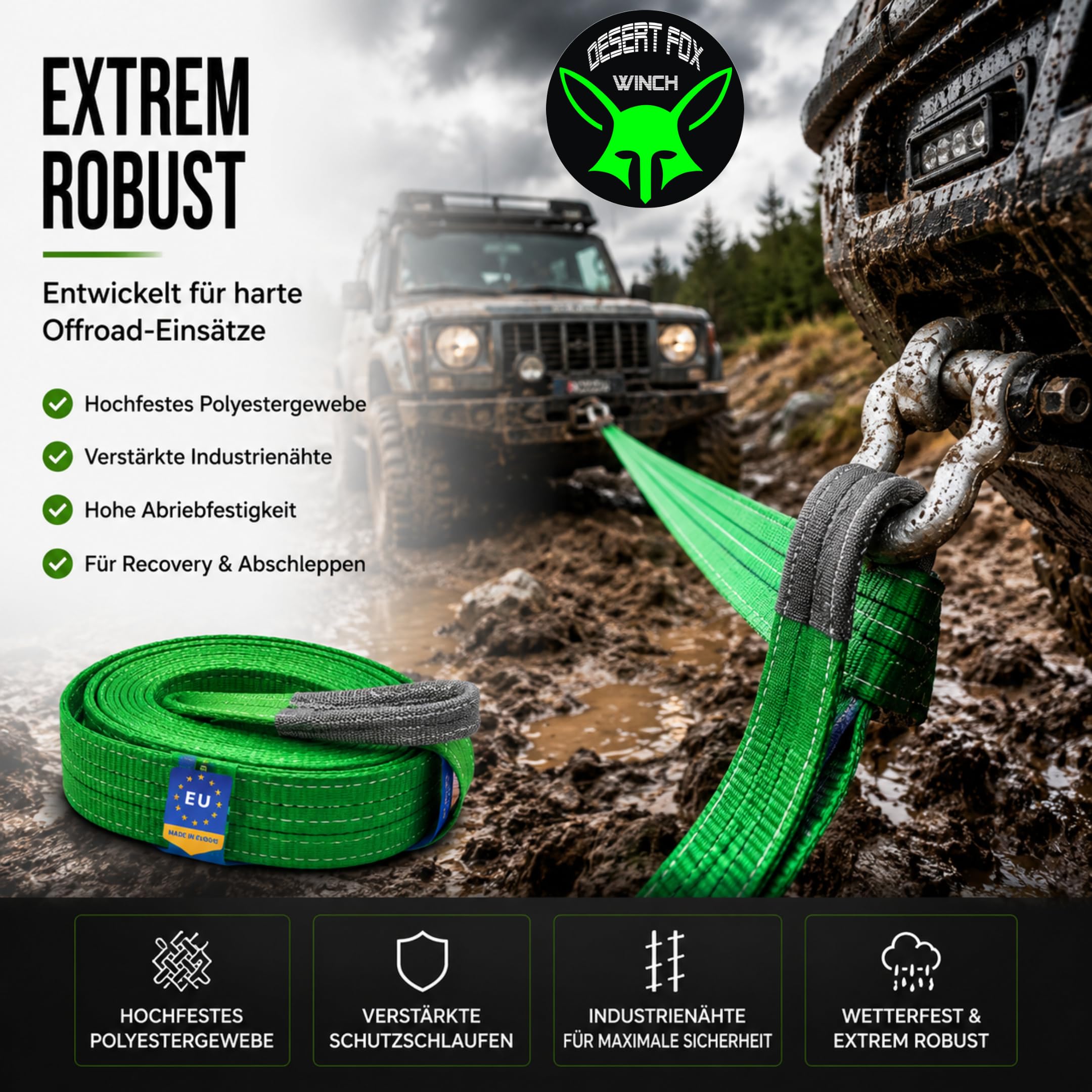 Bergegurt – Robuster 10m Baumgurt & Abschlepp-Seil, 14t Bruchlast – Ideal für Offroad, Recovery, Jagd, Forst und Baugewerbe nach EN 1492-1