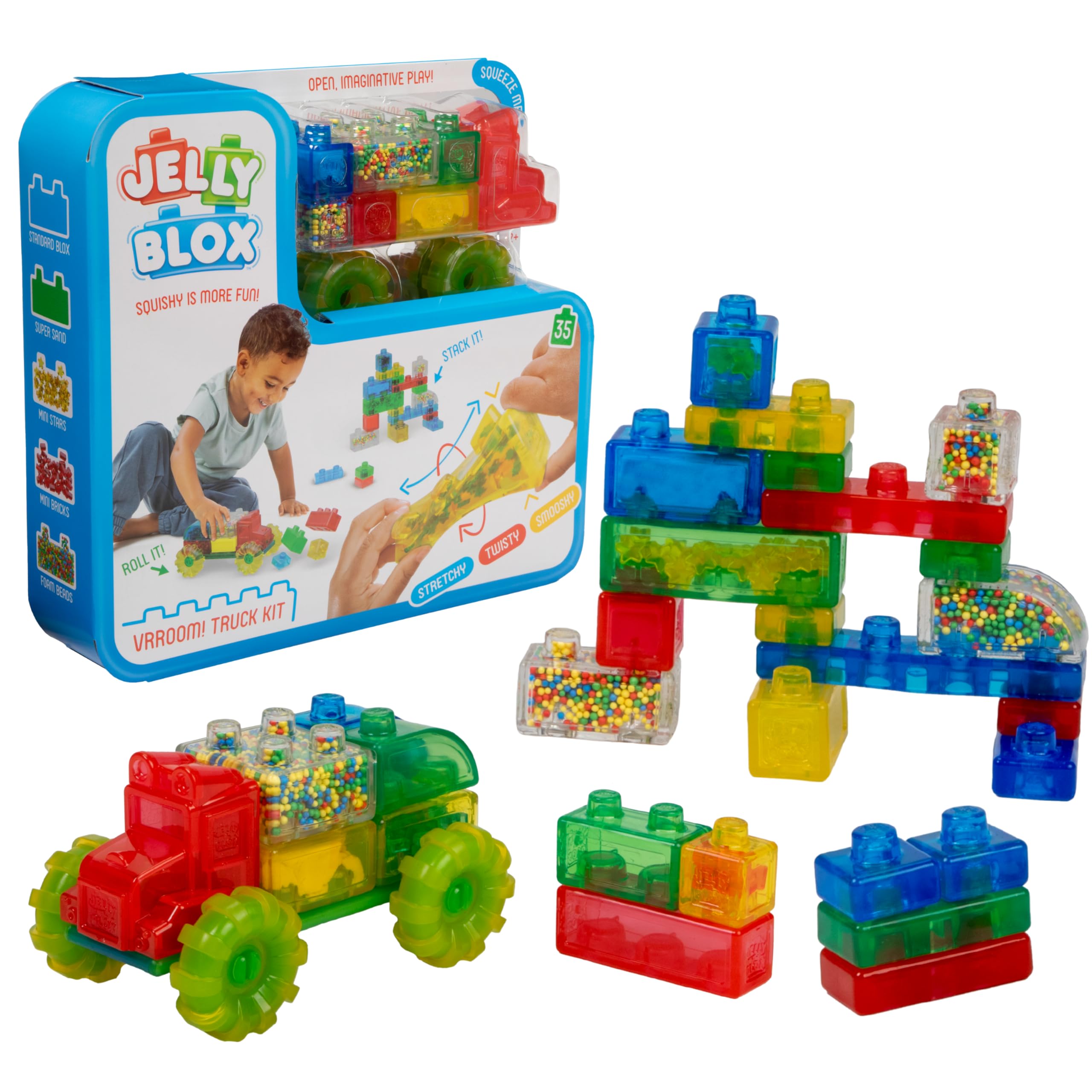 Goliath Jelly Blox Vrroom! Truck Kit | Includes 35 Blocks | Toddler & Preschool Building Blocks Kids Can Squeeze, Stretch, Squish | MESH ACCREDITED | Safety Tested Ouch-Free | Sensory Play Toy Ages 2+