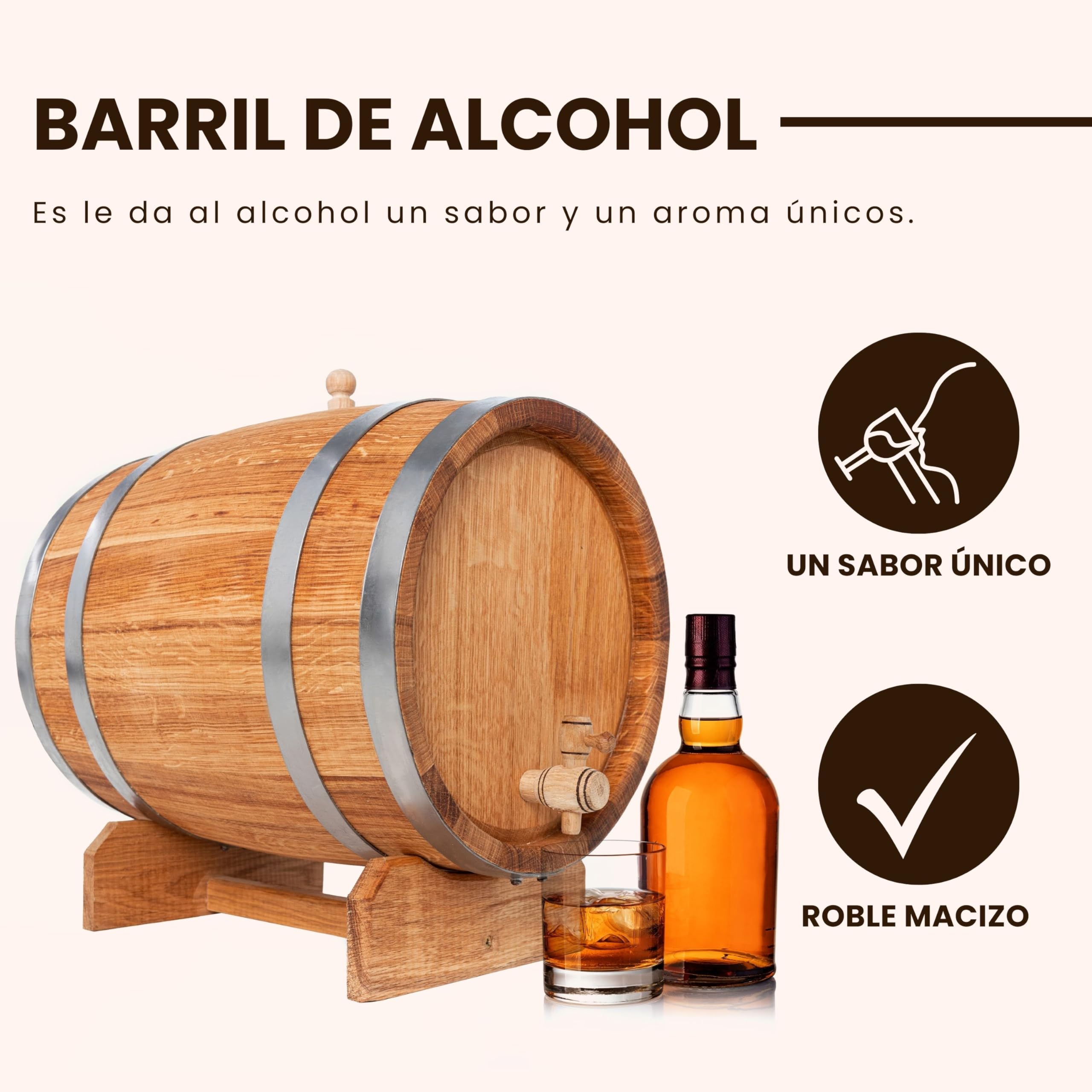Barril Madera 10L - Barril Pequeño de Roble para Alcohol - Barrica de Vino - Mini Bar con Dispensador de Whisky - Barril Vino 10 litros - Ideal para Degustaciones o como Regalo