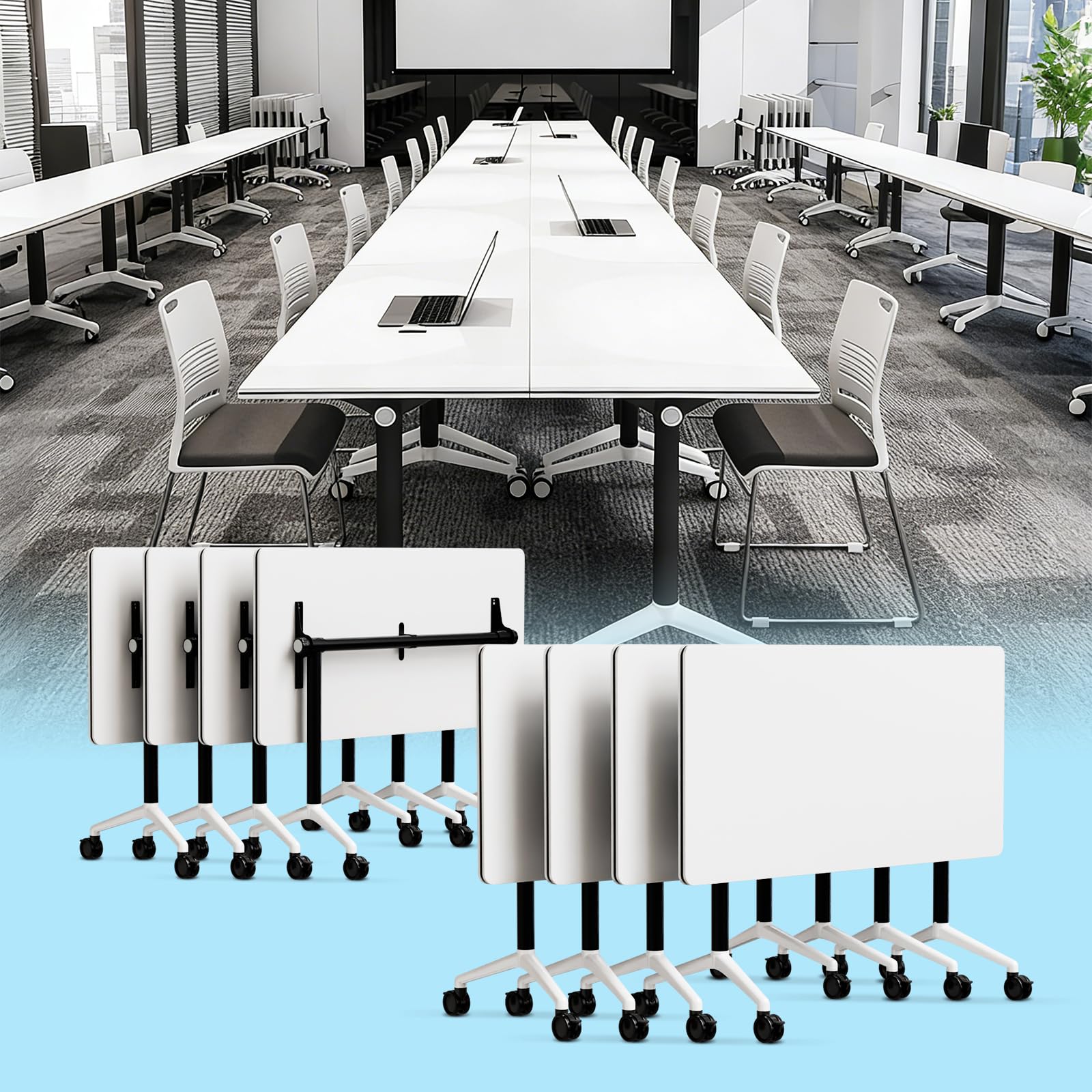 Modern Folding Conference Table with Wheels - Portable Flip Top Mobile Training Table, Modular Foldable Office Desk for Meeting Room, Classroom, Home