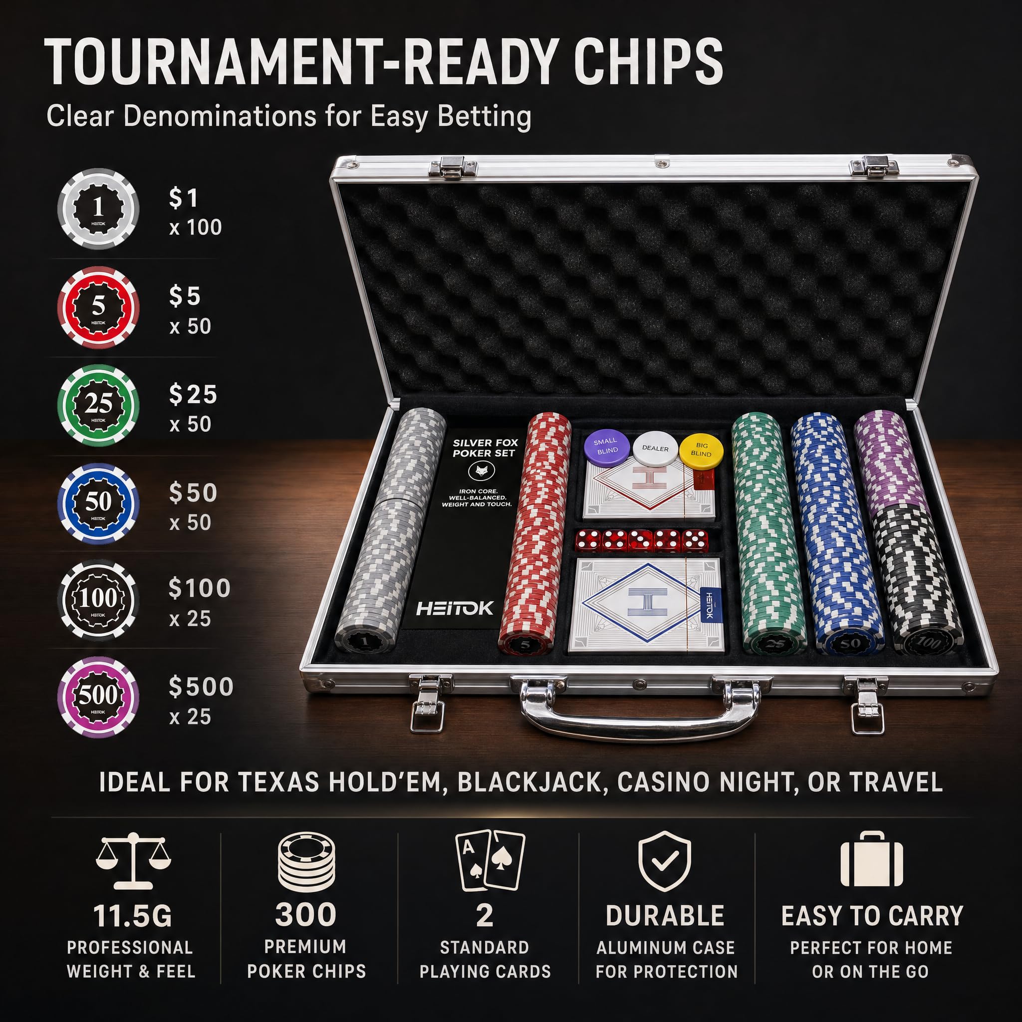 HEITOK Zestaw do pokera 300 sztuk 11,5g z nominałami w walizce Texas Holdem