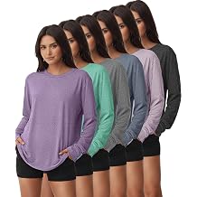 Kinglaman 6 Pack Womens Long Sleeve Workout Dry Fit Shirts, UPF 50+ Rash Guard SPF UV Sun Protection Shirts Crew Neck 1 Black 1 Gray 1 Blue 1 Purple 1 Dark Pink 1 Green XX-Large