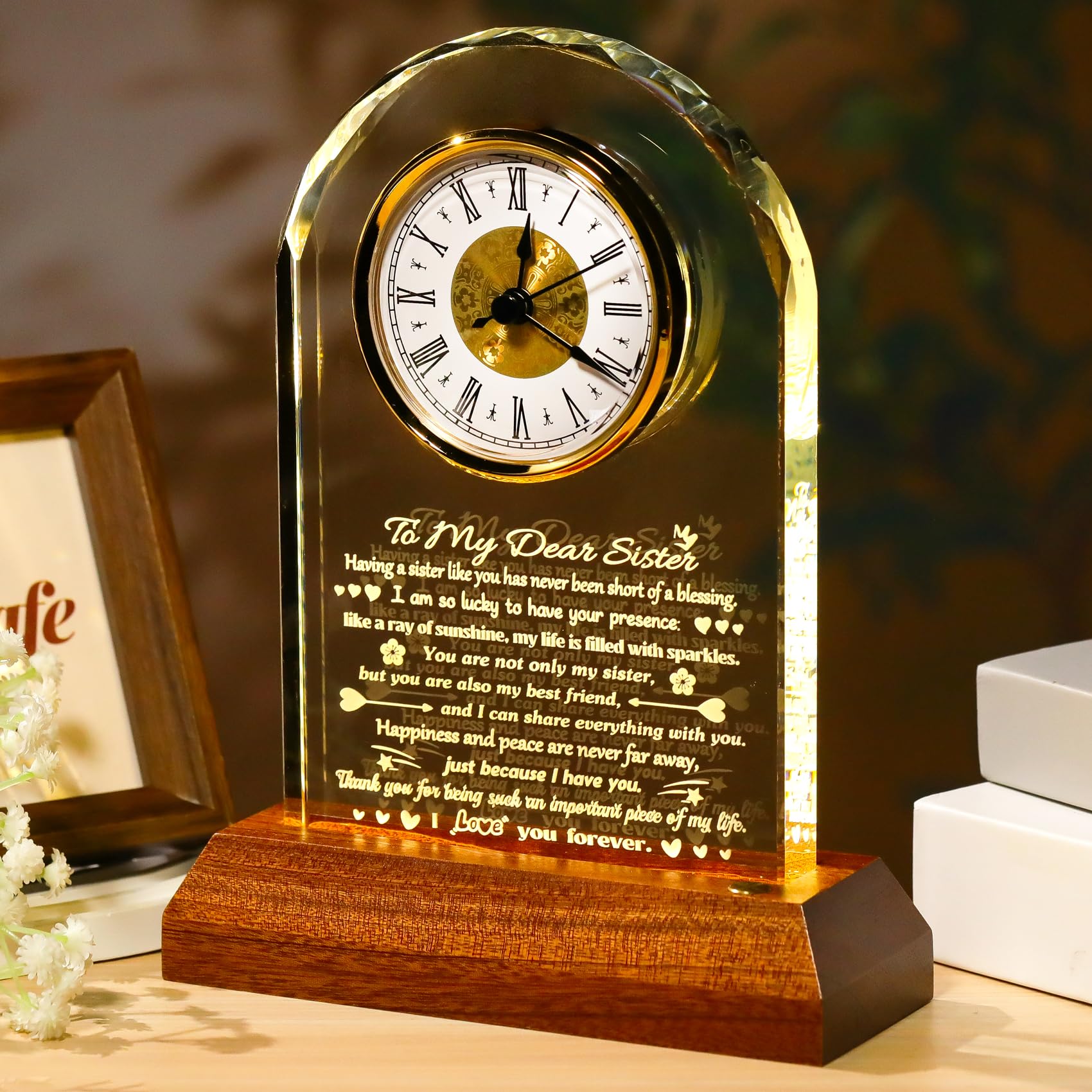 Arikyrist Sister Gifts for Women Crystal Clock with Wooden LED Light Base