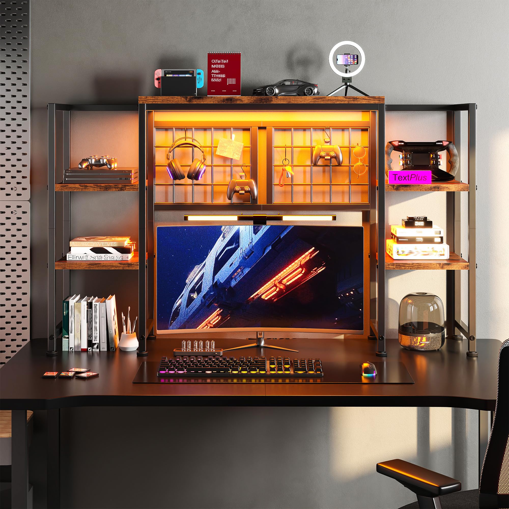 REIBII Desk Shelf with LED Light Strip,Adjustable 45.1" Desk Hutch Dorm with 5 Tier Display Shelf Rack,Desktop Bookshelf with Grid Panel & Hooks for