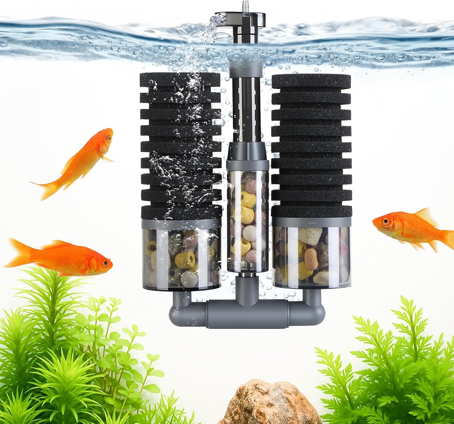 Filtro de acuario, filtro de tanque de peces de doble esponja alimentado por aire con filtración ultra silenciosa de múltiples etapas, salida de