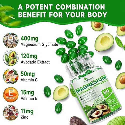 Miniatura 3 de Glicinato de magnesio 400 mg, suplementos de magnesio de alta absorción cápsulas blandas con vitamina E, B6, zinc para dormir, calma, relajación