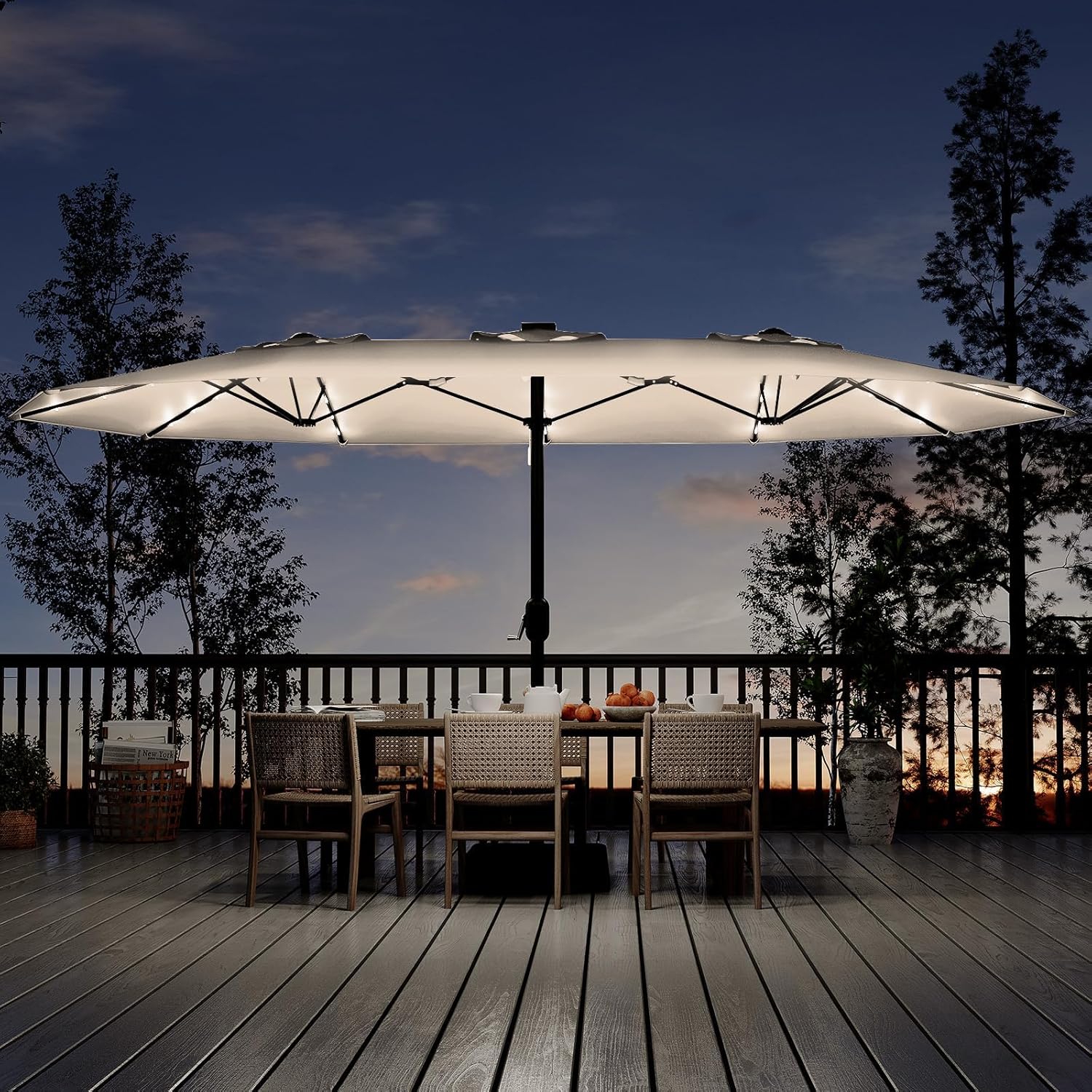15FT Extra Large Double-Sided Patio Umbrella with Solar LED Lights – Heavy-Duty Rectangular Outdoor Market Umbrella, Fade-Resistant UV Canopy, Included Base for Backyard, Pool, Deck, Garden – Beige/Mist Blue