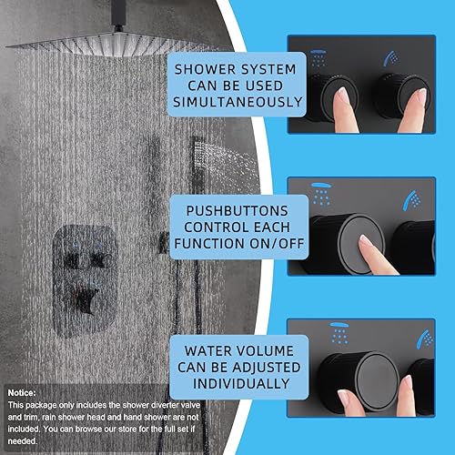 Miniatura 2 de Kit de válvula termostática desviadora de ducha de 2 vías, color negro mate, latón macizo, flujo ajustable, válvula mezcladora de control de