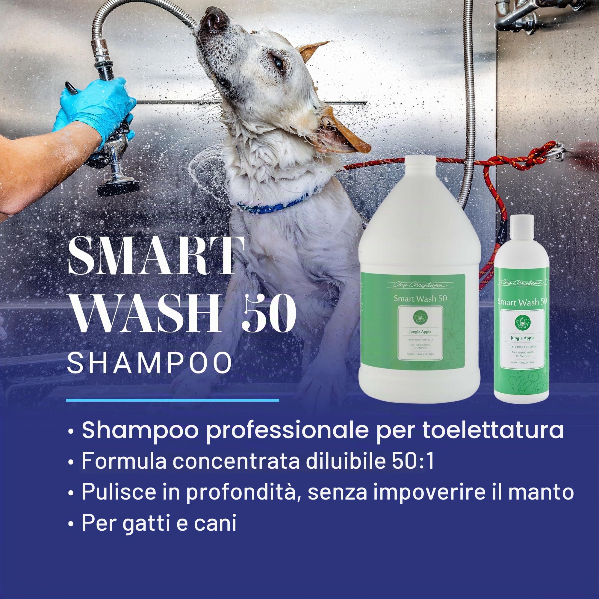 Chris Christensen SmartWash 50 Shampoo Jungle Apple 3,8L – Shampoo Ultra Concentrato 50:1 per Cani e Gatti, Profumo di Mela Esotica, Pulizia Profonda per Tutti i Tipi di Manto, Made in USA