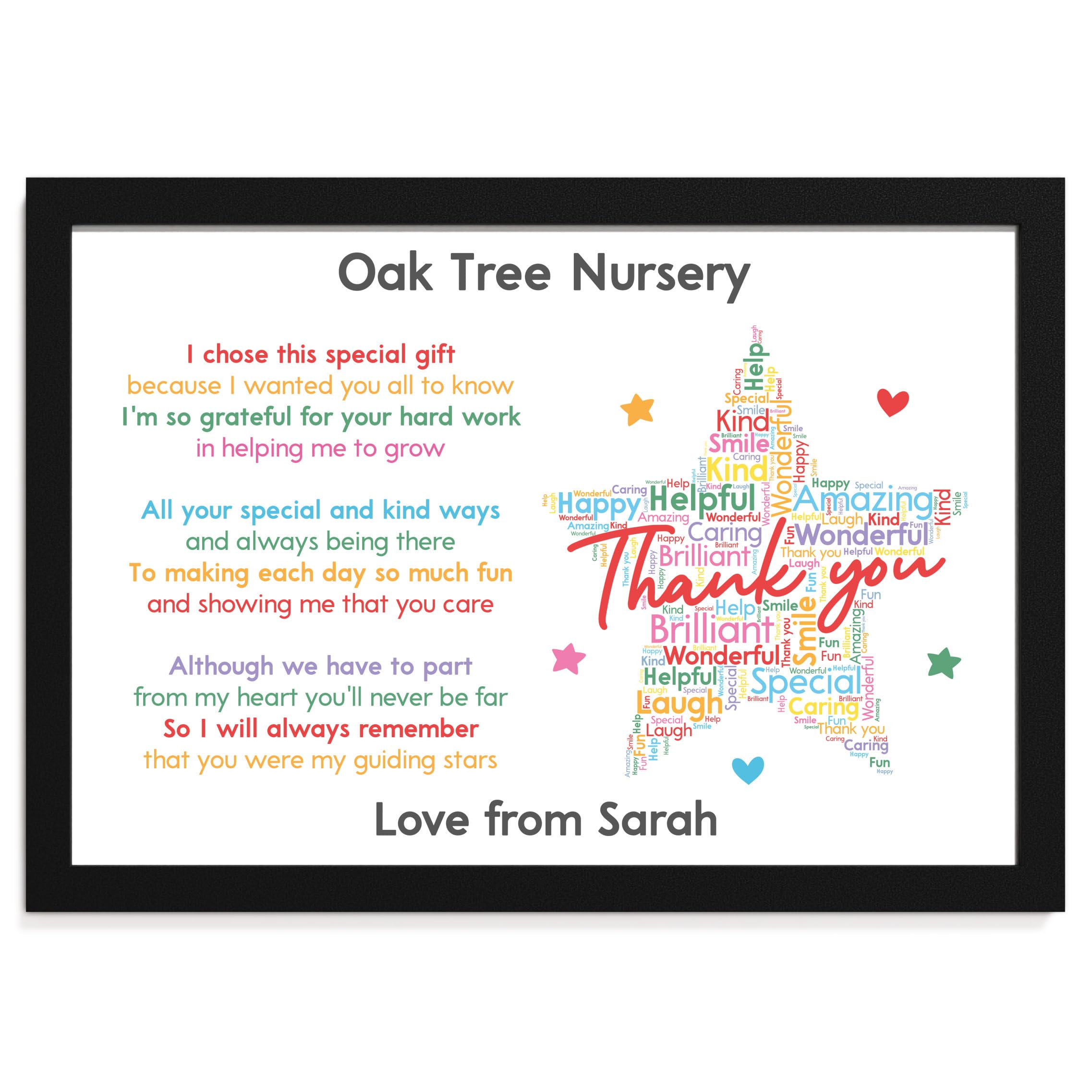 Beecreative Personalised Nursery Thank You Gifts - A5 A4 Poem Print And Wooden Frame - Custom Nursery Preschool Thank You Presents