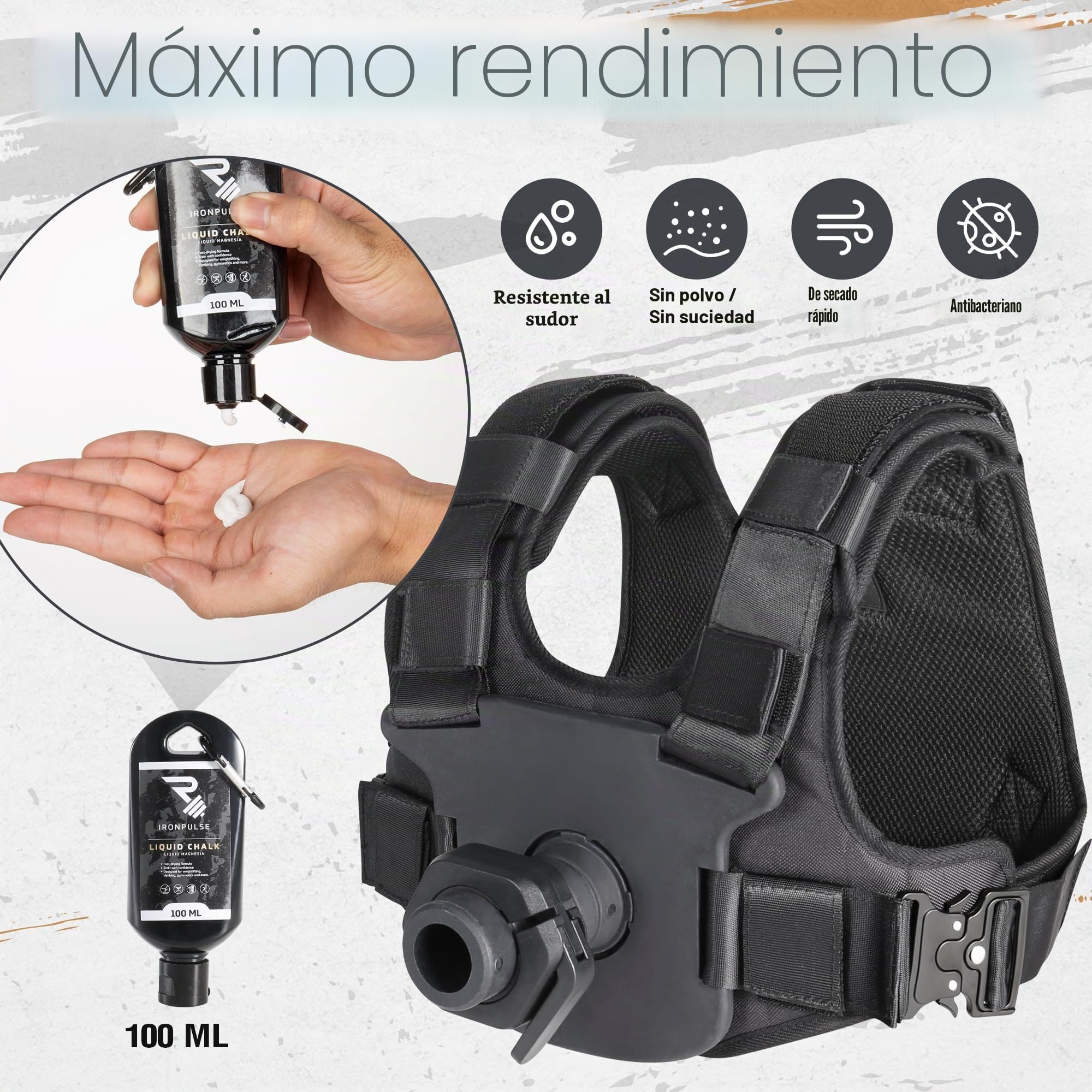 IRONPULSE® | Kit Gilet Lesté Musculation, Crossfit, Running – Compatible Poids Standard Ø50mm – 80 kg MAX – 2 Colliers Stop Disque & Magnésie Liquide Inclus