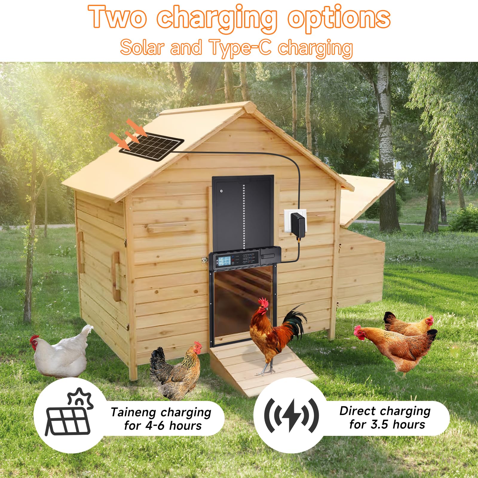 Grande porte automatique avec écran LCD, porte pour animaux de compagnie avec capteur solaire, porte automatique pour poulailler avec plusieurs modes de contrôle