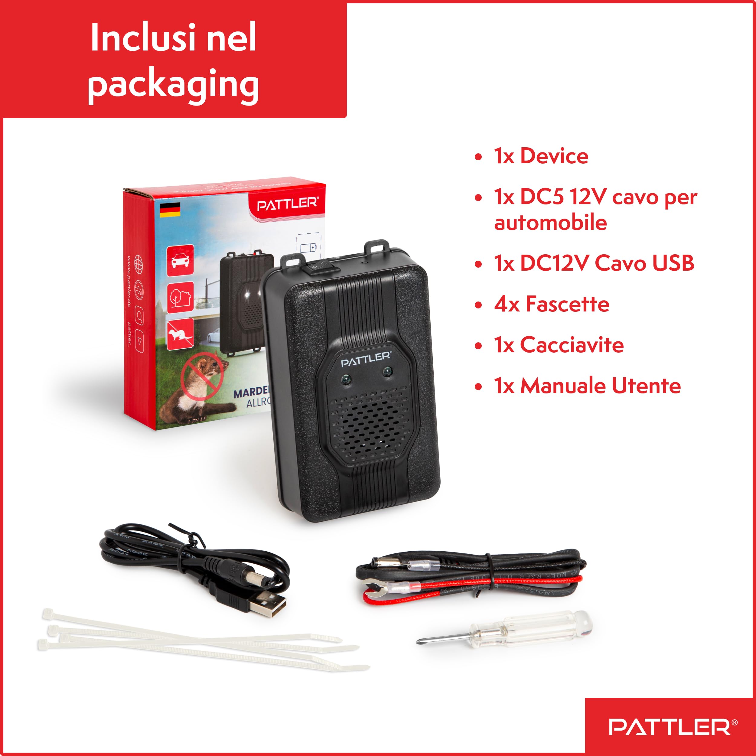 PATTLER Dissuasore Anti Martora per Auto con Luce - Alimentazione con Batteria Auto 12V, Batteria AA o USB - Protezione Ultrasuoni Contro Le Martore per Auto, Giardino, Soffitta - 1PZ