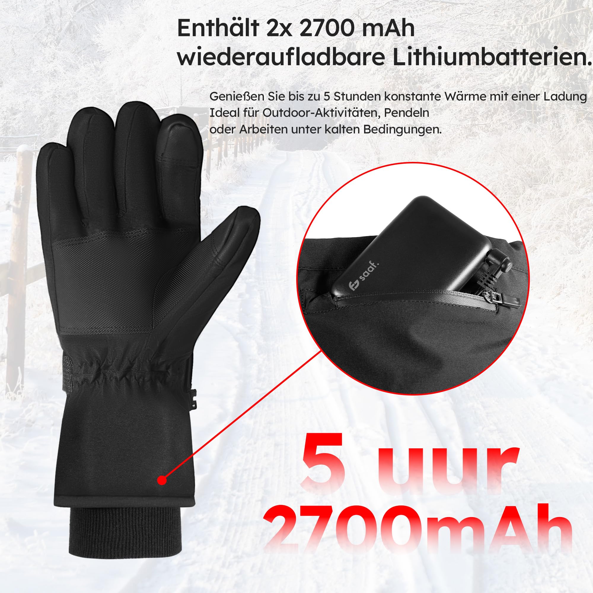 saaf Beheizte Handschuhe – Pro – 3 Positionen – Elektrischer Handschuh – Wasser- und Windabweisend – Beheizte Handschuhe Wiederaufladbar – Schwarz