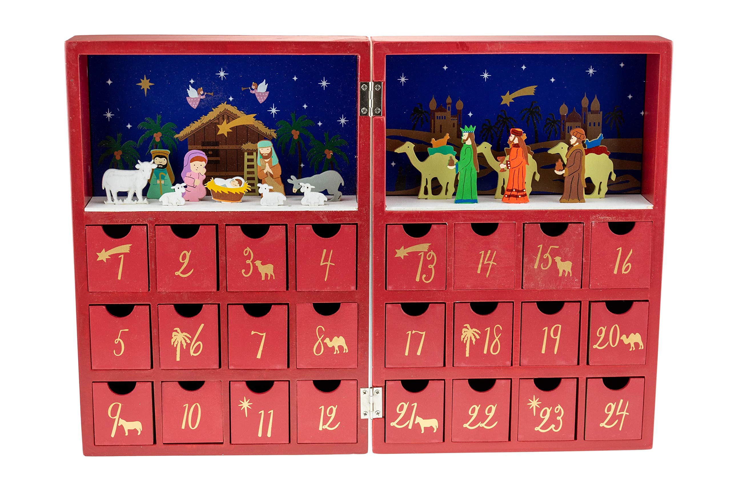 Clever Creations - Calendario de Adviento con Forma de Libro - Belén con niño Jesús y los 3 Reyes Magos - Madera Robusta - 21 x 5,1 x 25,4 cm