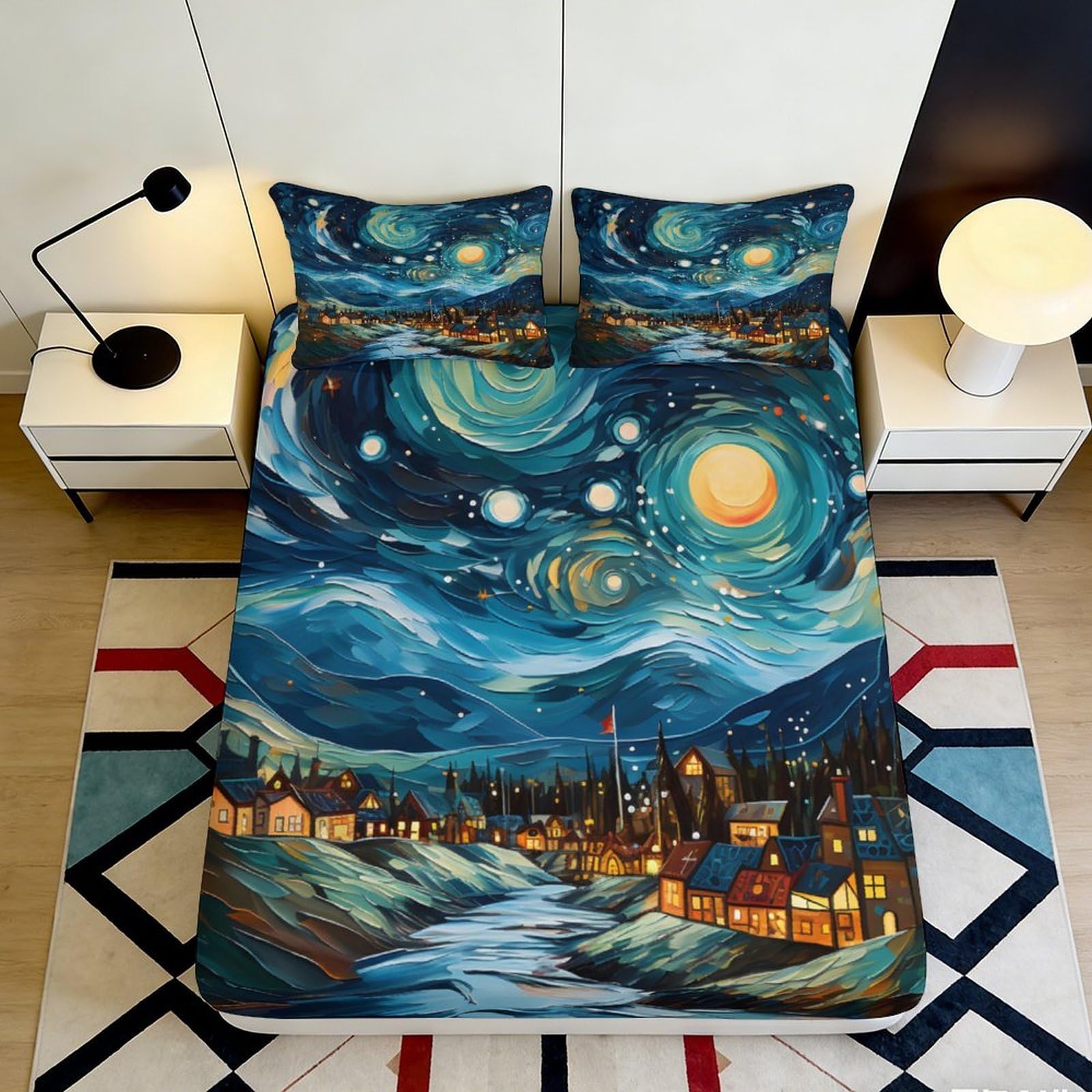 3D Printed Starry Night Fitted Sheet Microfiber Soft Breathable Cosmic Sky Mattress Cover for Bedroom Dorm Dormitory Guest Room Protection Decor 200x200x25cm