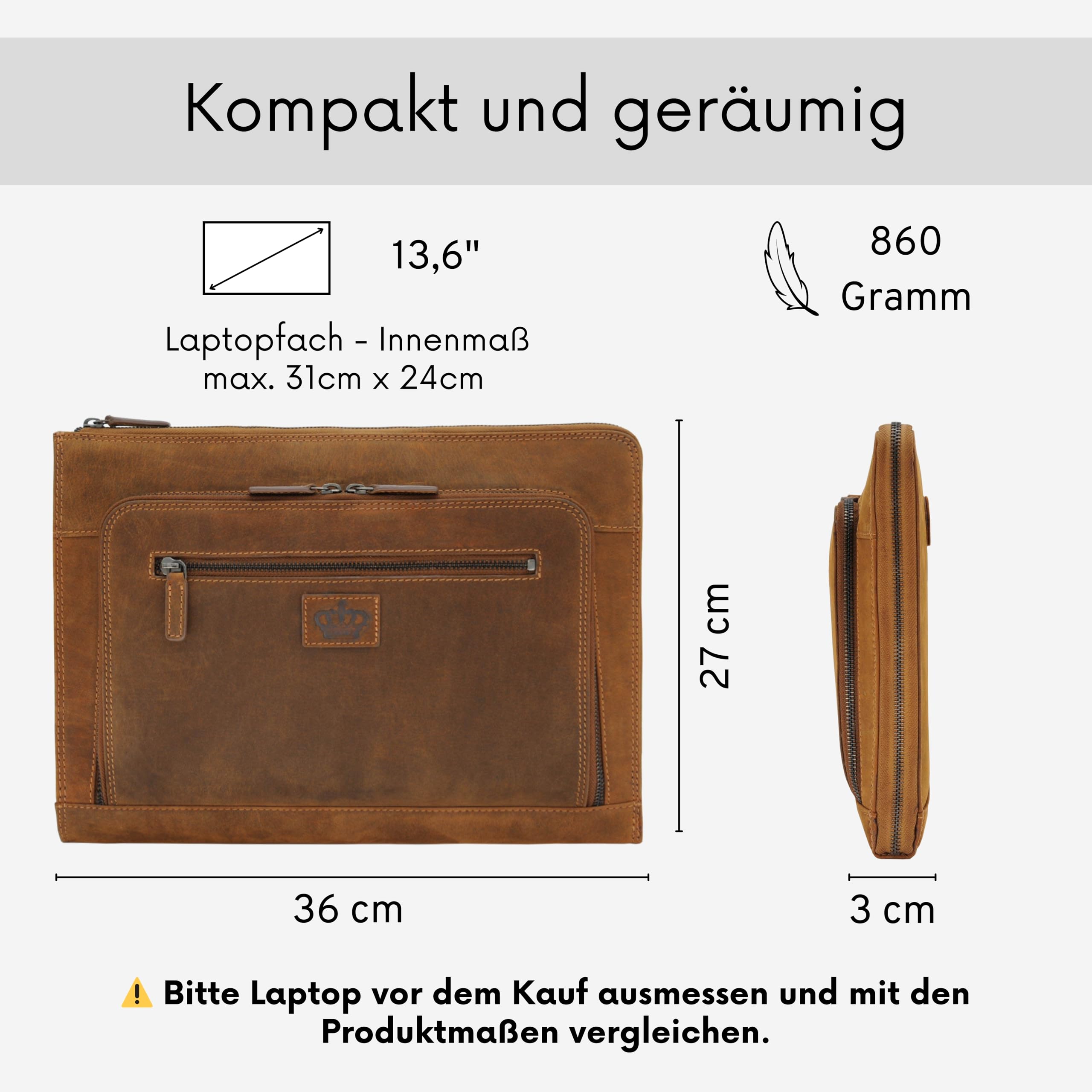 Baur Tasche Echtleder | Laptoptasche für 13,6” Zoll | Notebooksleeve | Handgefertigte Businesstasche | Tragetasche mit dünnem Design | Notebook-Maße max. 31cm x 24cm