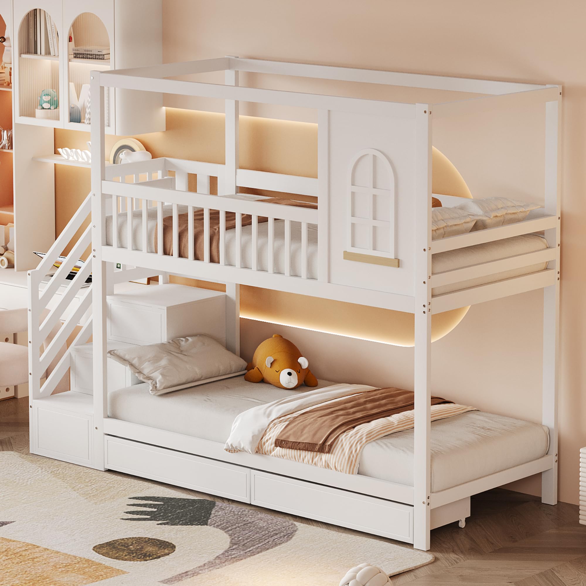 Moimhear Etagenbett Kinderbett, Massivholz Doppelbett, Hausform mit Fenstern, Sicherheitszaun-Design, Mit Aufbewahrungsschubladen und Sicherheitsleiter (Weiß, 90x200cm)
