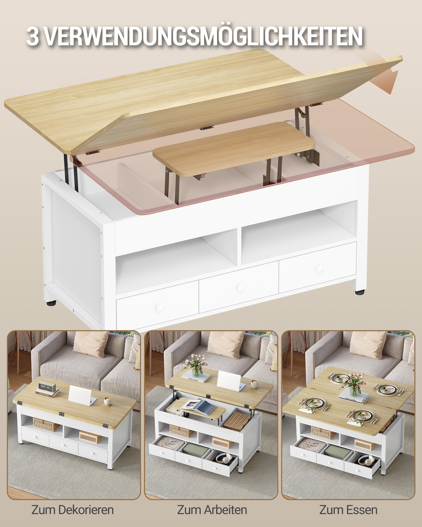 Hzuaneri Couchtisch, Höhenverstellbarer Wohnzimmertisch mit 3 Schubladen und 2 Fächer, 50 × 100 × 45 cm, Kaffeetisch Fach Umwandelbar in Esstisch, für Wohnzimmer, Homeoffice, Weiß-Eichefarben CT22231W