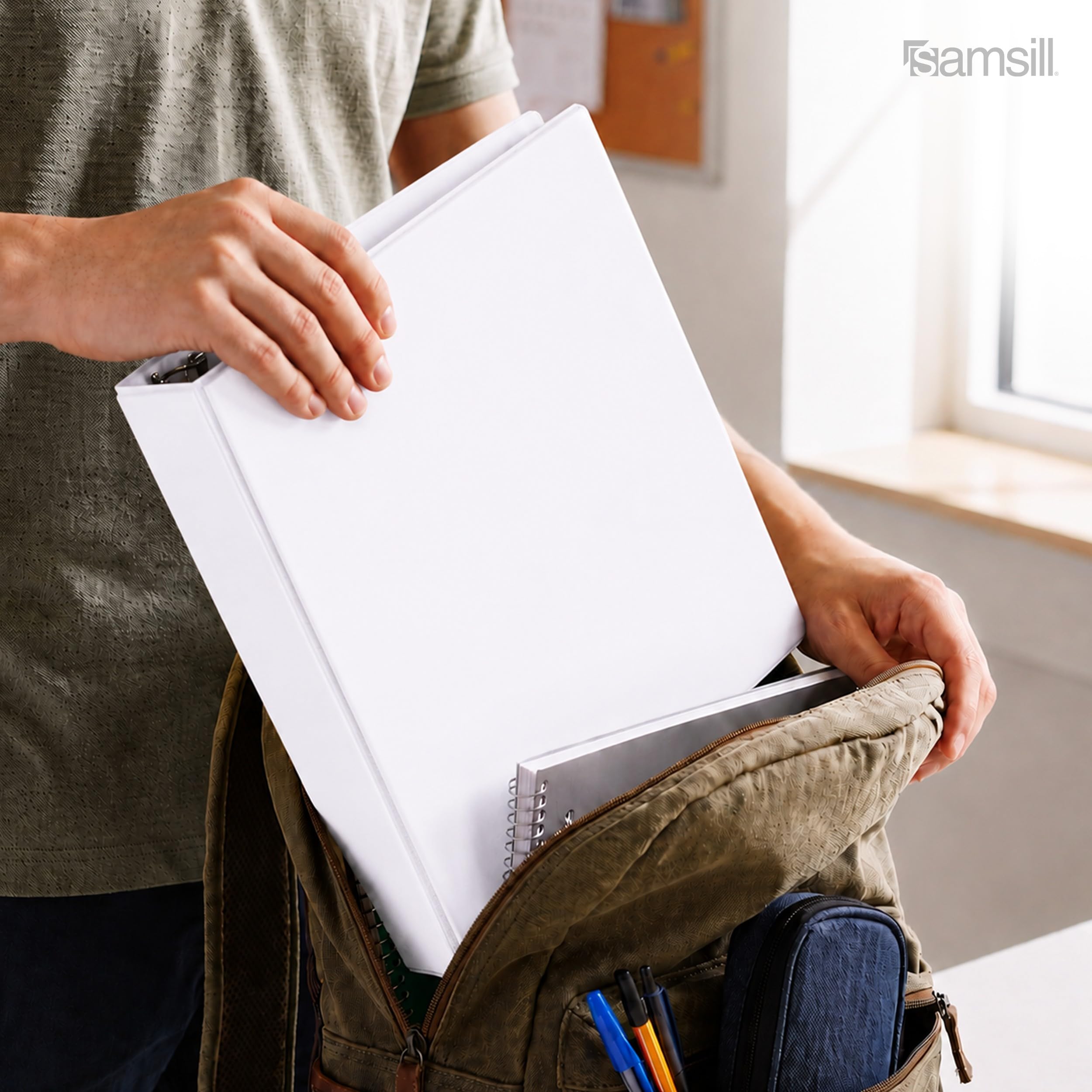 Samsill, Raccoglitori a 3 anelli da 5,08 cm, realizzati negli Stati Uniti, con anelli rotondi e copertina trasparente, dalla capacità di 425 fogli, per scuola, casa, ufficio, bianco, 6 pezzi