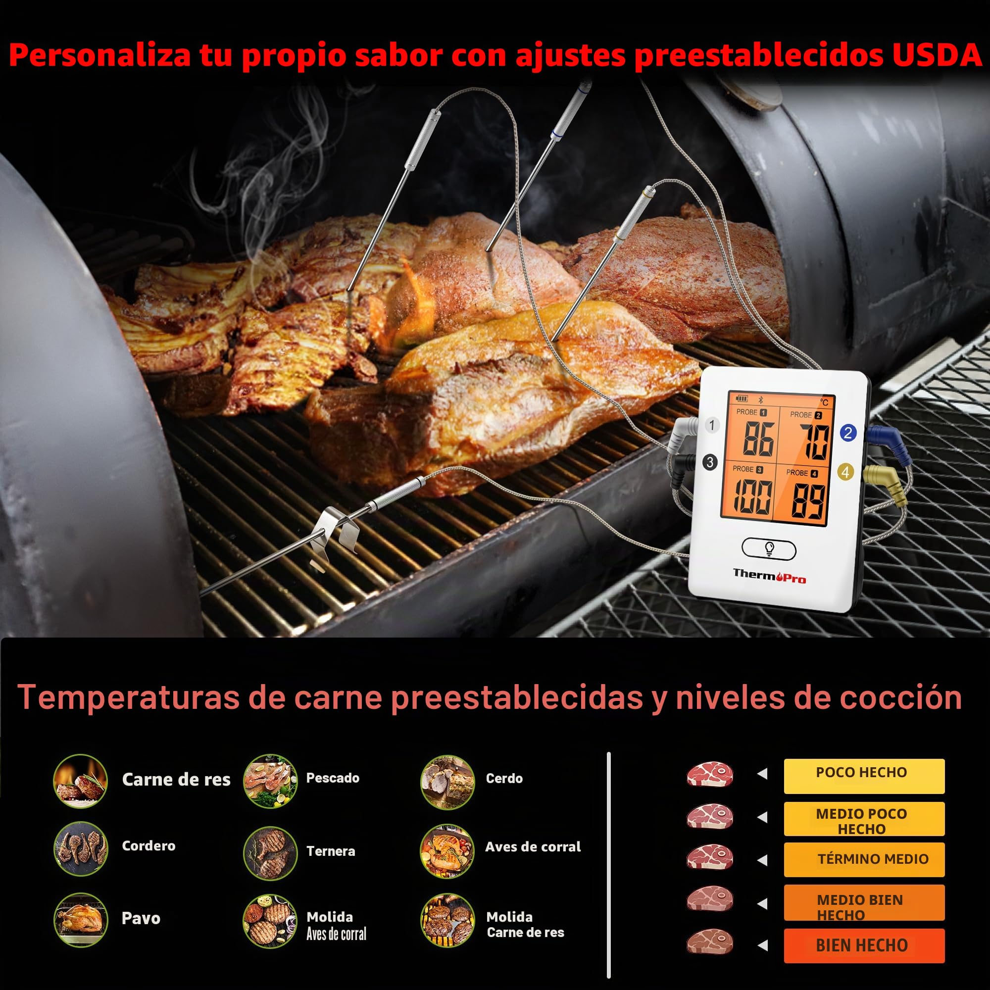 ThermoPro TempPro TP25 Termómetro Barbacoa Inalámbrico Bluetooth con 150m de Largo Alcance Termómetro de Cocina Digital con 4 Sondas para Parrilla Horno Ahumador Barbacoa Carne Carne Termómetro
