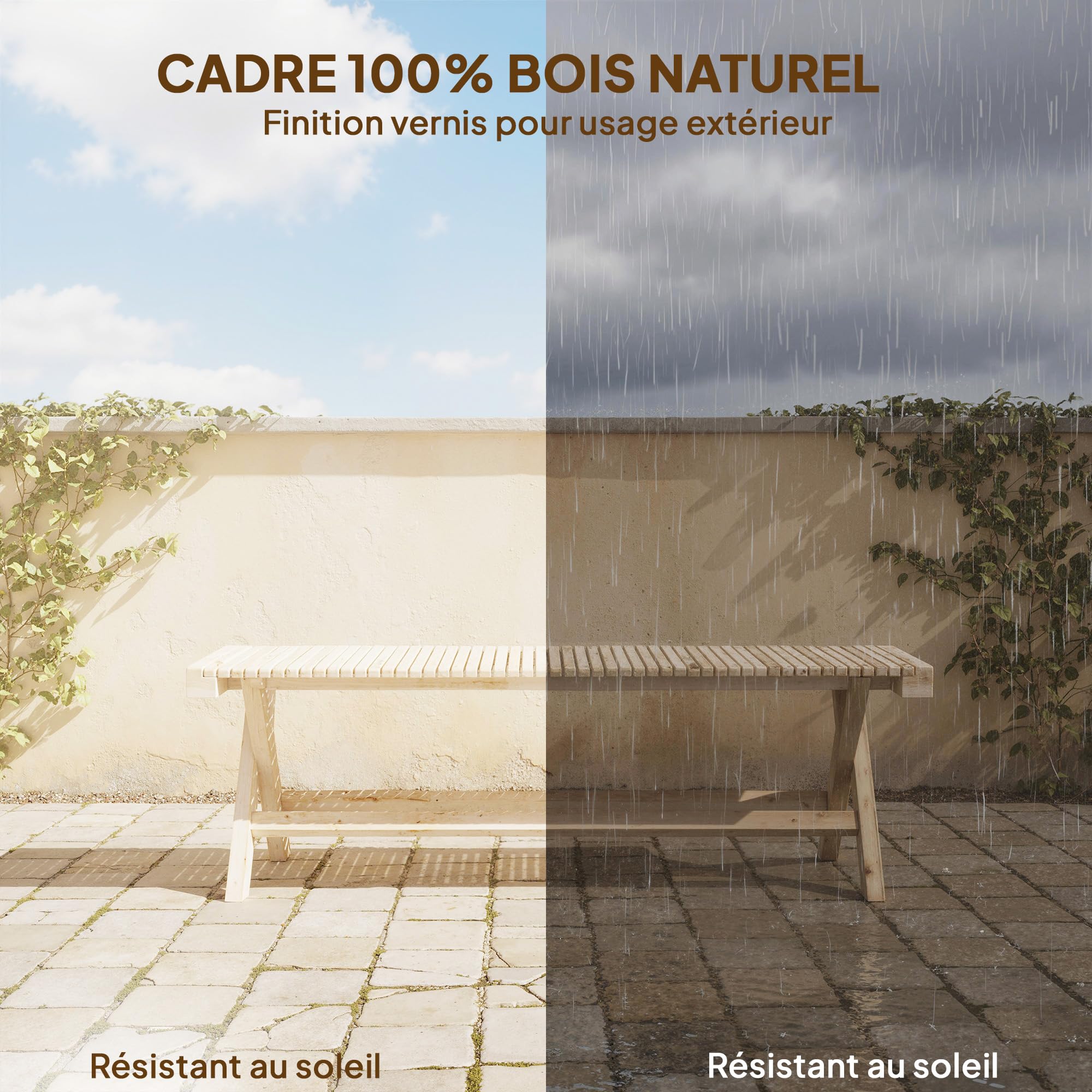 Outsunny - Banco de jardín de madera maciza, banco de jardín con asiento de lamas efecto madera, sin respaldo, para patio, balcón, parque, capacidad 240 kg, 140 x 40 x 43 cm, efecto madera natural