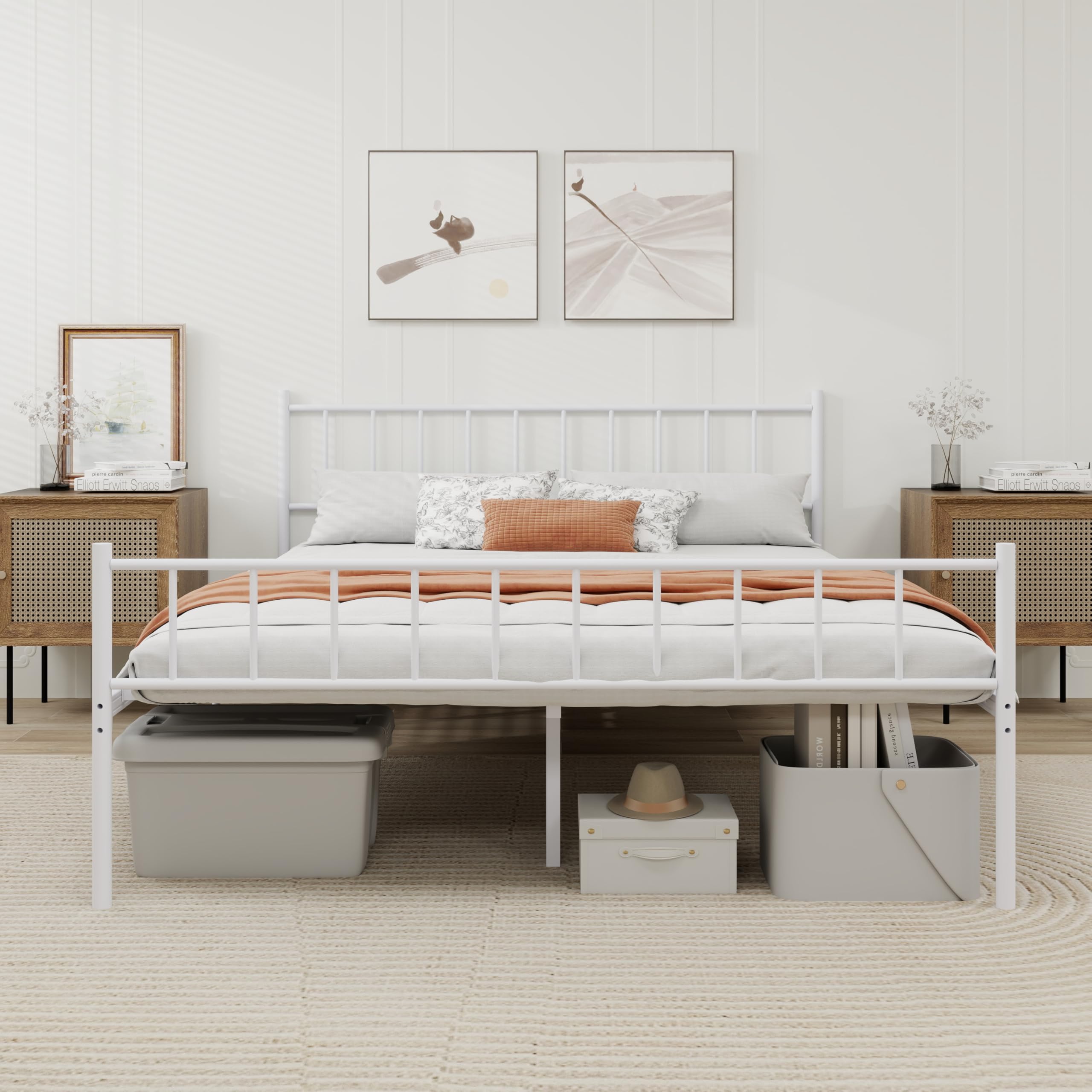 Metal Platform King Bed Frame with Headboard Sturdy Steel Slats Support No Box Spring Needed Easy Assembly White