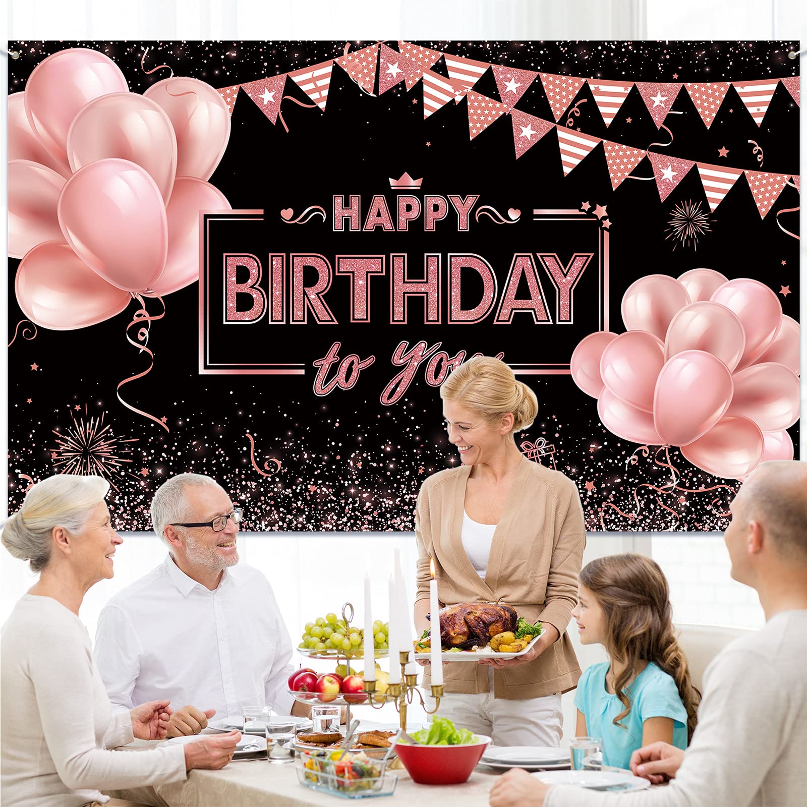 Happy Birthday Banner – Schwarz & Roségold, 300x50 Cm, Aus Polyester, Wiederverwendbar