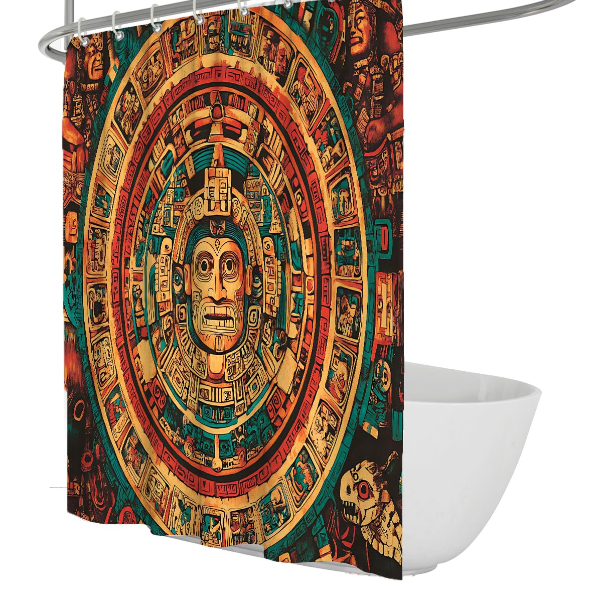 UERWOWELL Colorful Aztec Shower Curtain Sun Stone Totem Pattern Fabric Bath Curtain Tribal Style Bathroom Decor Waterproof Washable with Hooks W200xL200 cm