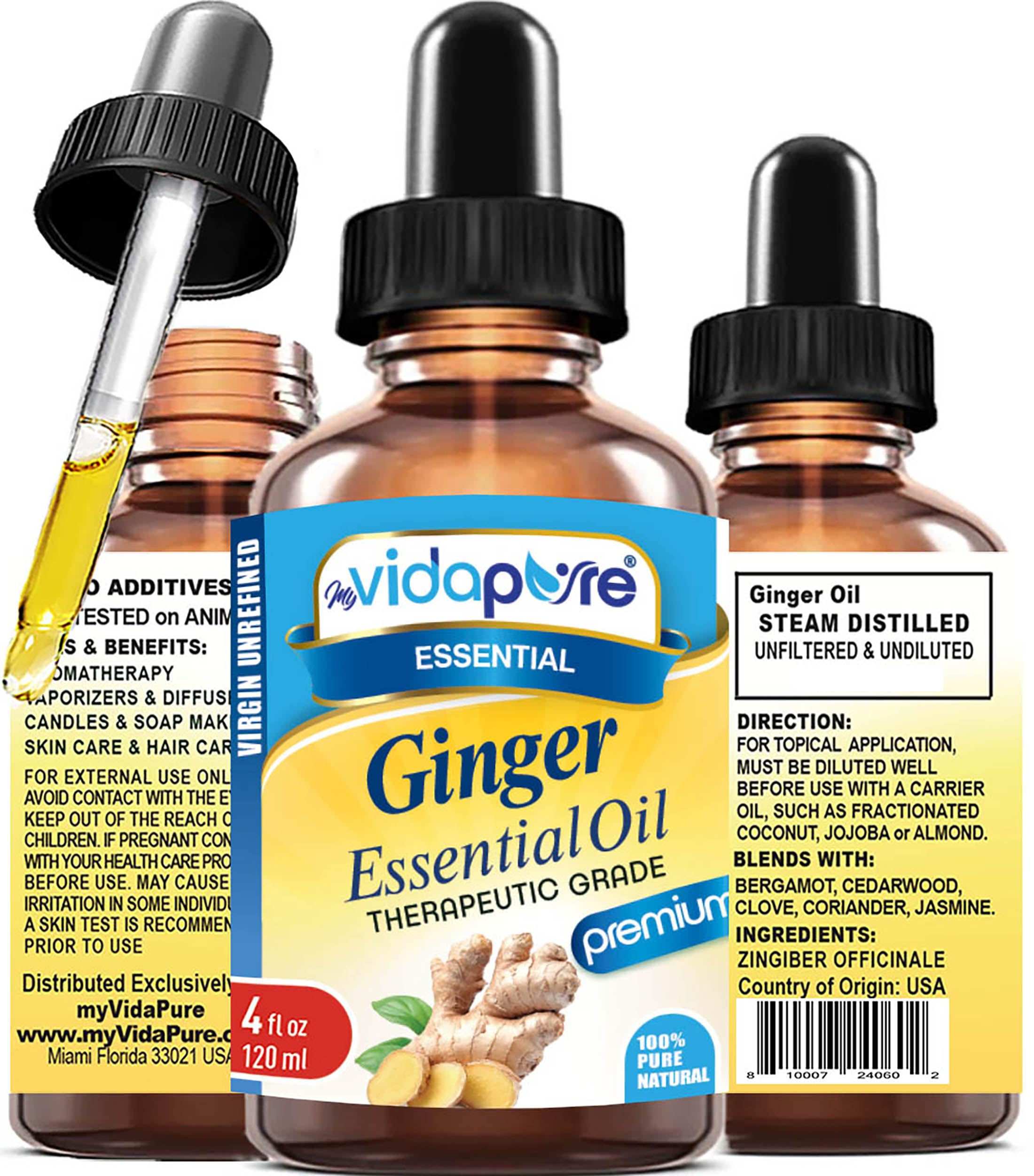 myVidaPure Ginger Essential Oil 100% Pure Natural Undiluted 4 fl oz- 120 ml for Beauty, Skin, Hair, Aromatherapy, Soaps, Candles, Reed Diffusers, Perfume