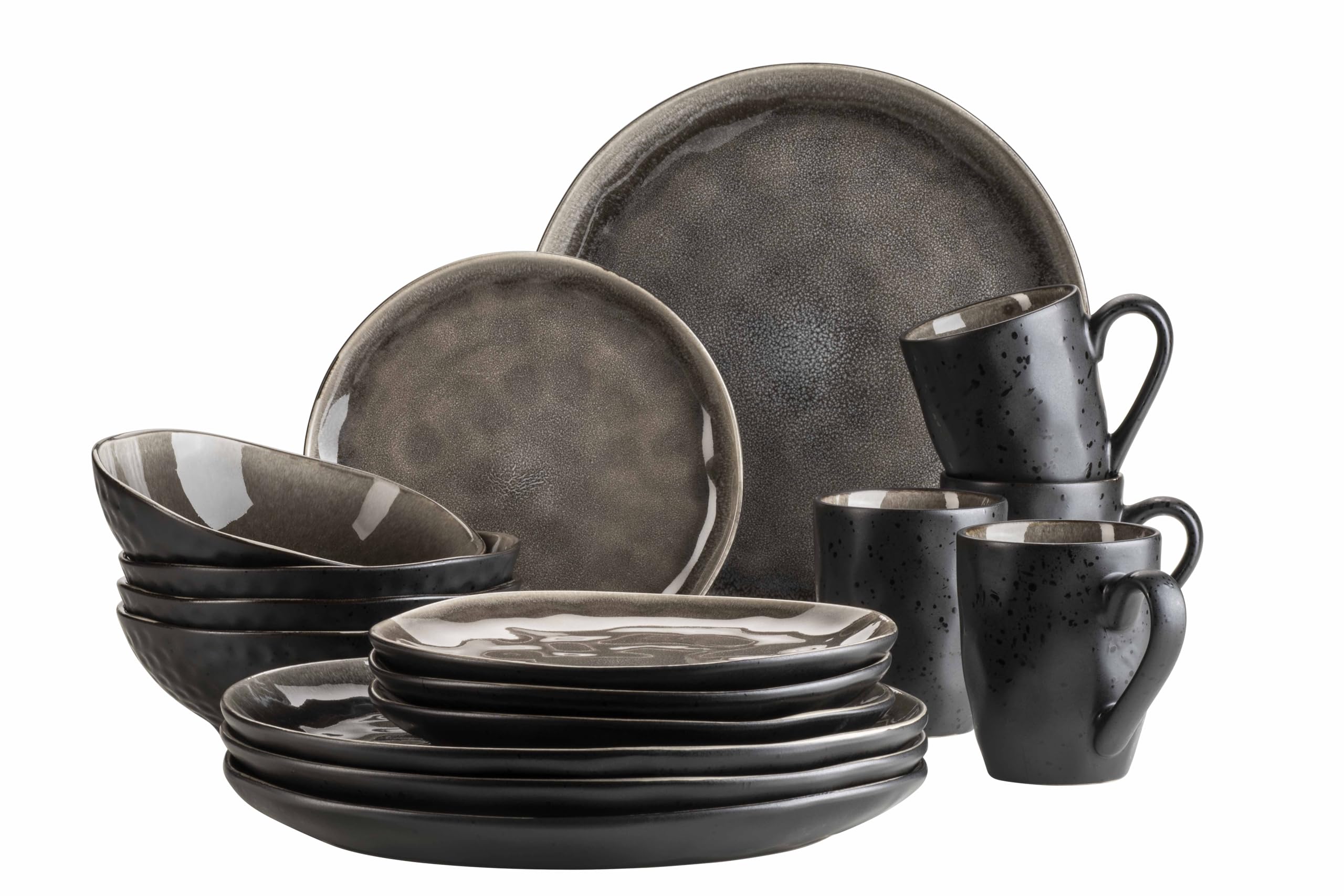 MÄSER 934073 Serie Niara Organic, set di stoviglie moderne per 4 persone, in stile vintage, servizio combinato da 16 pezzi con particolare combinazione di smalto in nero e marrone, gres
