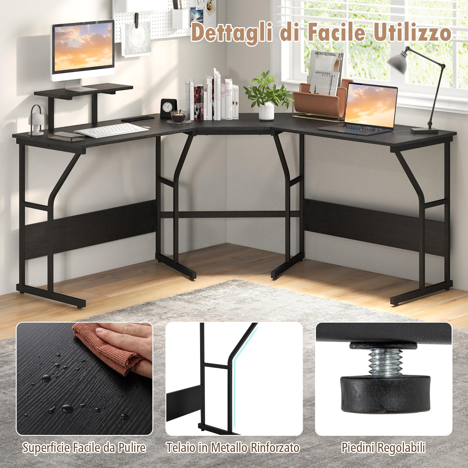 COSTWAY Scrivania ad Angolo a Forma di L con Presa Elettrica, Scrivania Angolare per Computer con Supporto Monitor Movibile, 225cm Postazione da Lavoro per 2 Persone per Lavoro e Gioco (Nero)