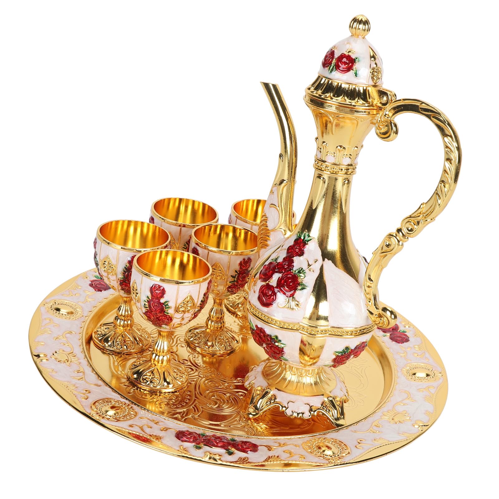 Restokki Vintage Zinc Alloy Wine Pot Set Exquisite Carving Coffee Pot Tray Kit for Home Party Decoration (Gold White Red)